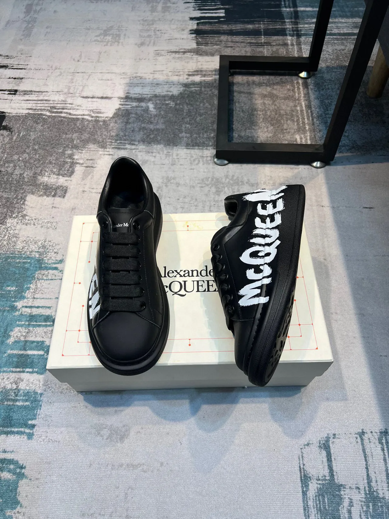 Alexander McQueen Oversized Sneaker Black White Platform Sole Graffiti-Style Logo Lifestyle Sneakers