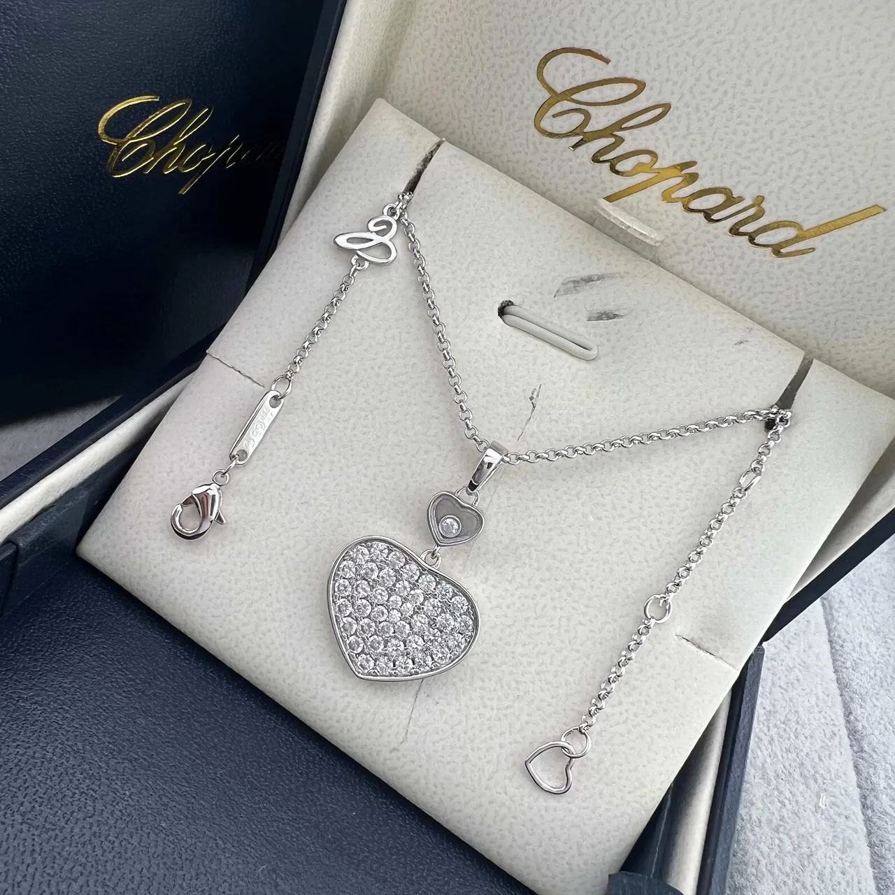Chopard Happy Hearts Gold Silver Pavé-Set Heart Pendants Floating Motif Necklace