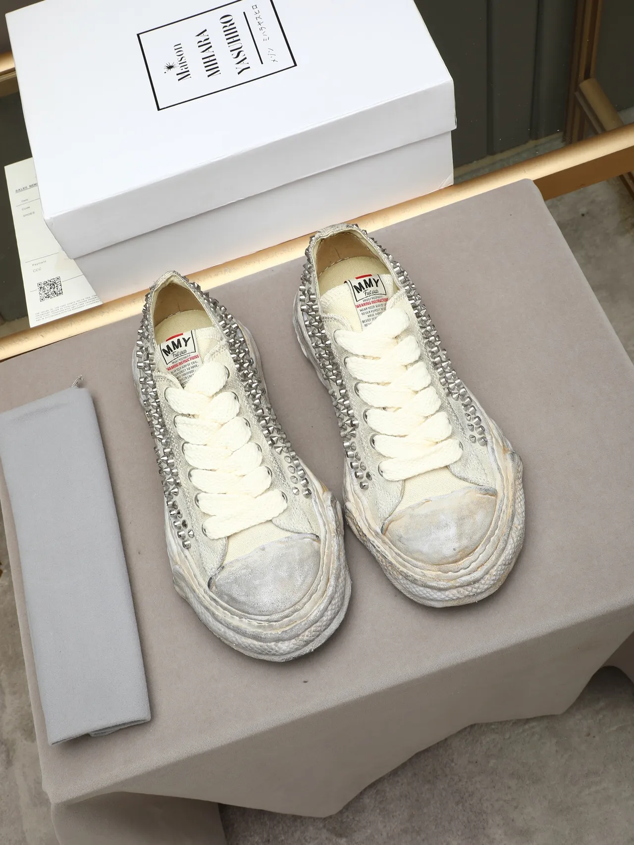Maison Margiela Beige Silver Studded Canvas Layered Rubber Sole Lifestyle Sneakers