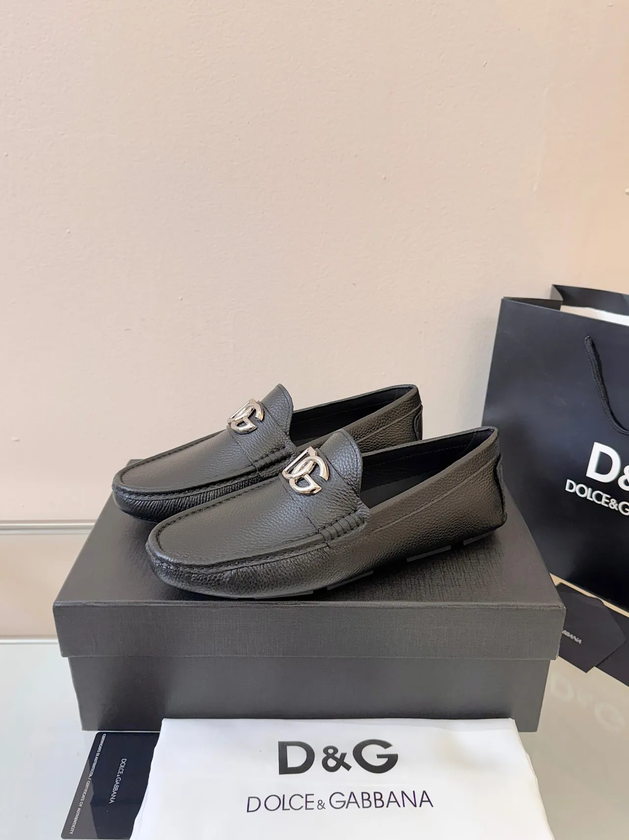 Dolce & Gabbana Portofino Black Pebbled Leather DG Buckle Loafers
