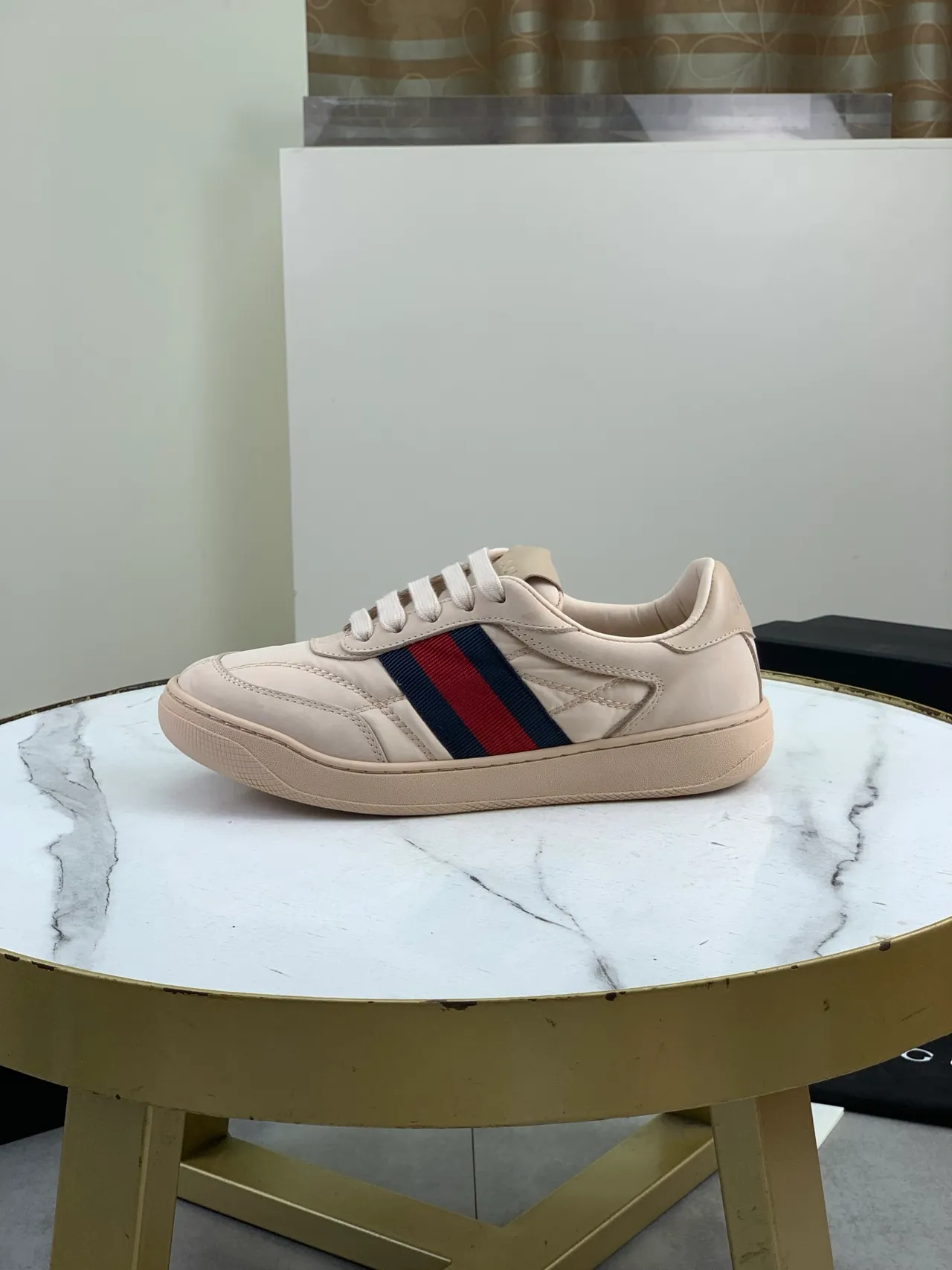 Gucci Beige Navy Quilted Leather Upper Web Stripe Side Panel Lifestyle Sneakers