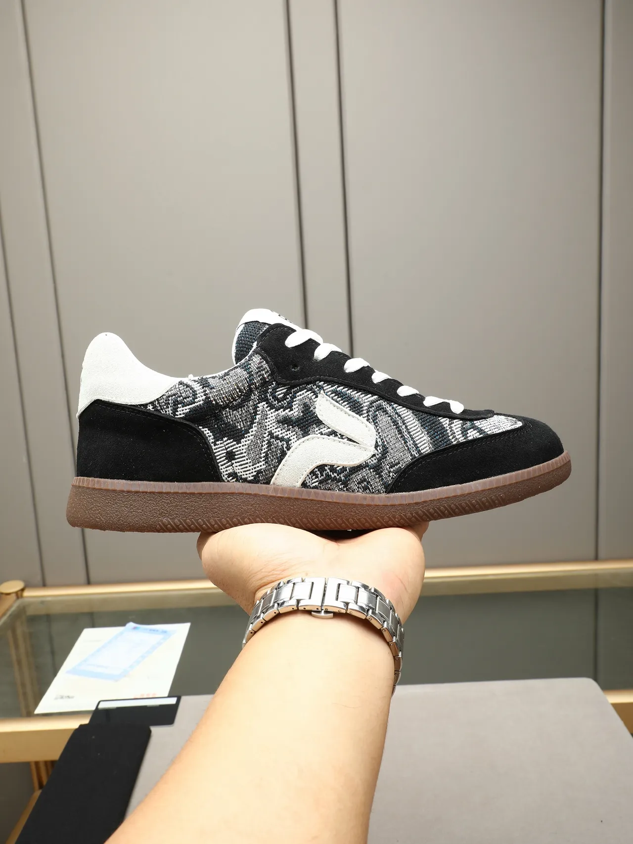 Black Brown Low-Top Suede And Jacquard Textile Upper Sneakers