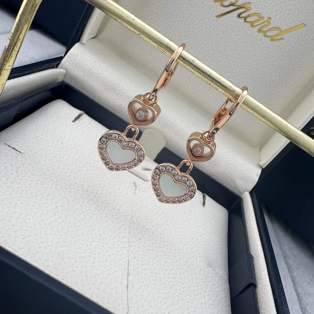 Chopard Happy Hearts Rose Gold Mother-of-Pearl Pavé Crystal Earrings