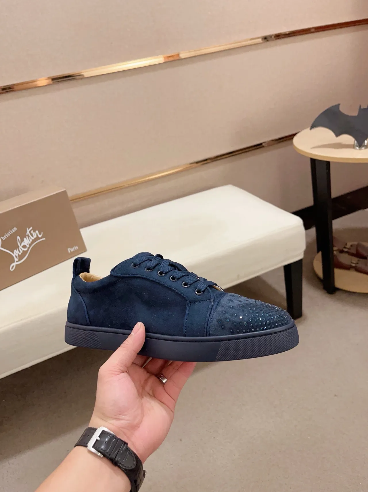 Christian Louboutin Louis Navy Suede Crystal-Studded Lifestyle Sneakers