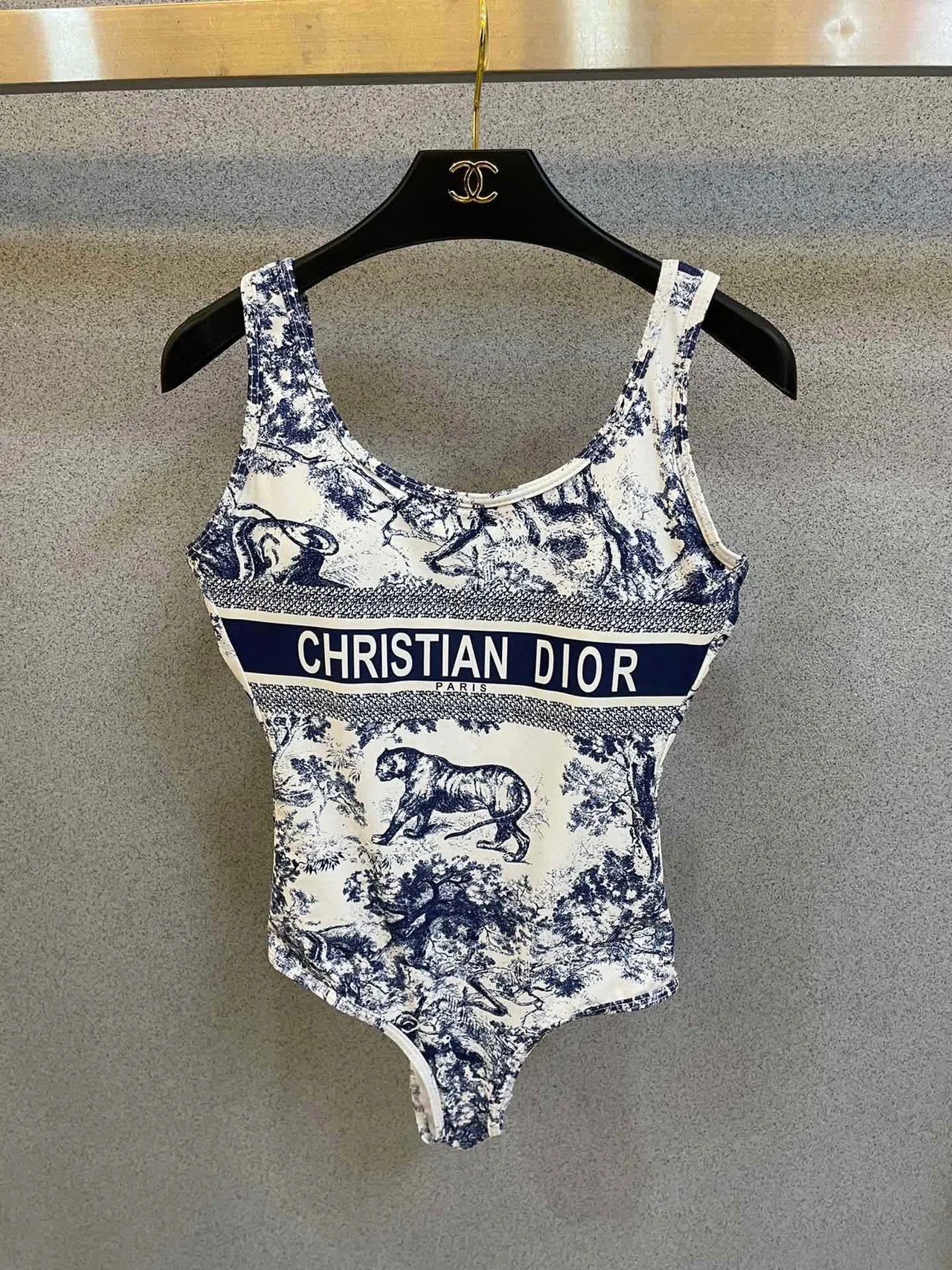 Christian Dior White Blue Toile-Print High-Cut Swimwear
