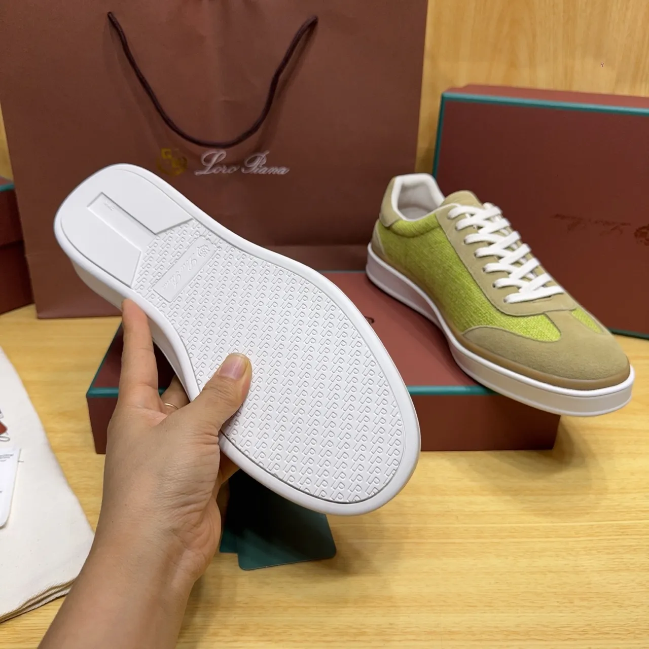 Loro Piana Lime Green and Beige Suede Woven Lifestyle Sneakers