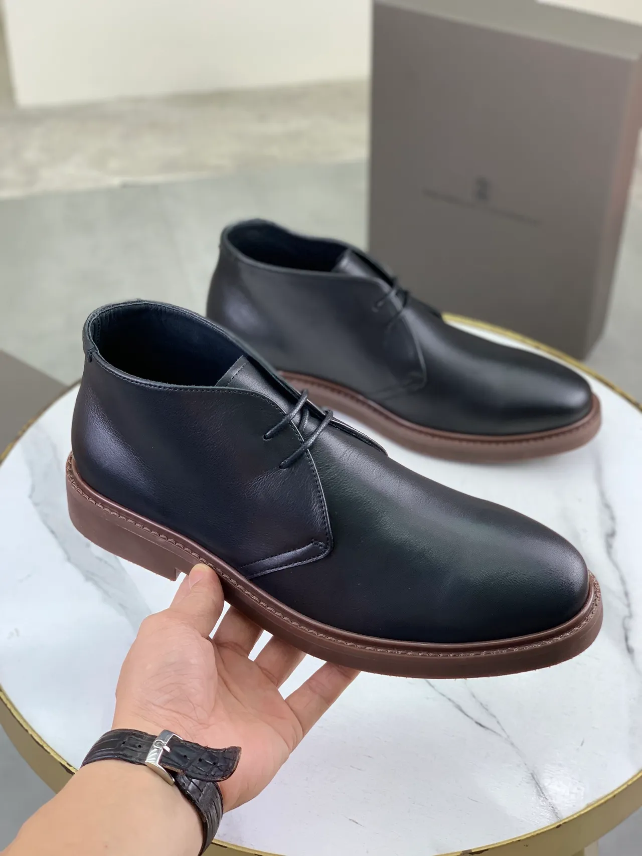 Black Brown Leather Contrast Sole Ankle Boots