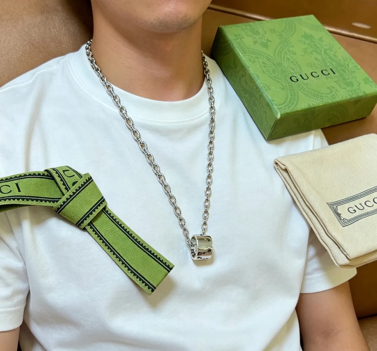 Gucci Silver Engraved Link Chain Necklace