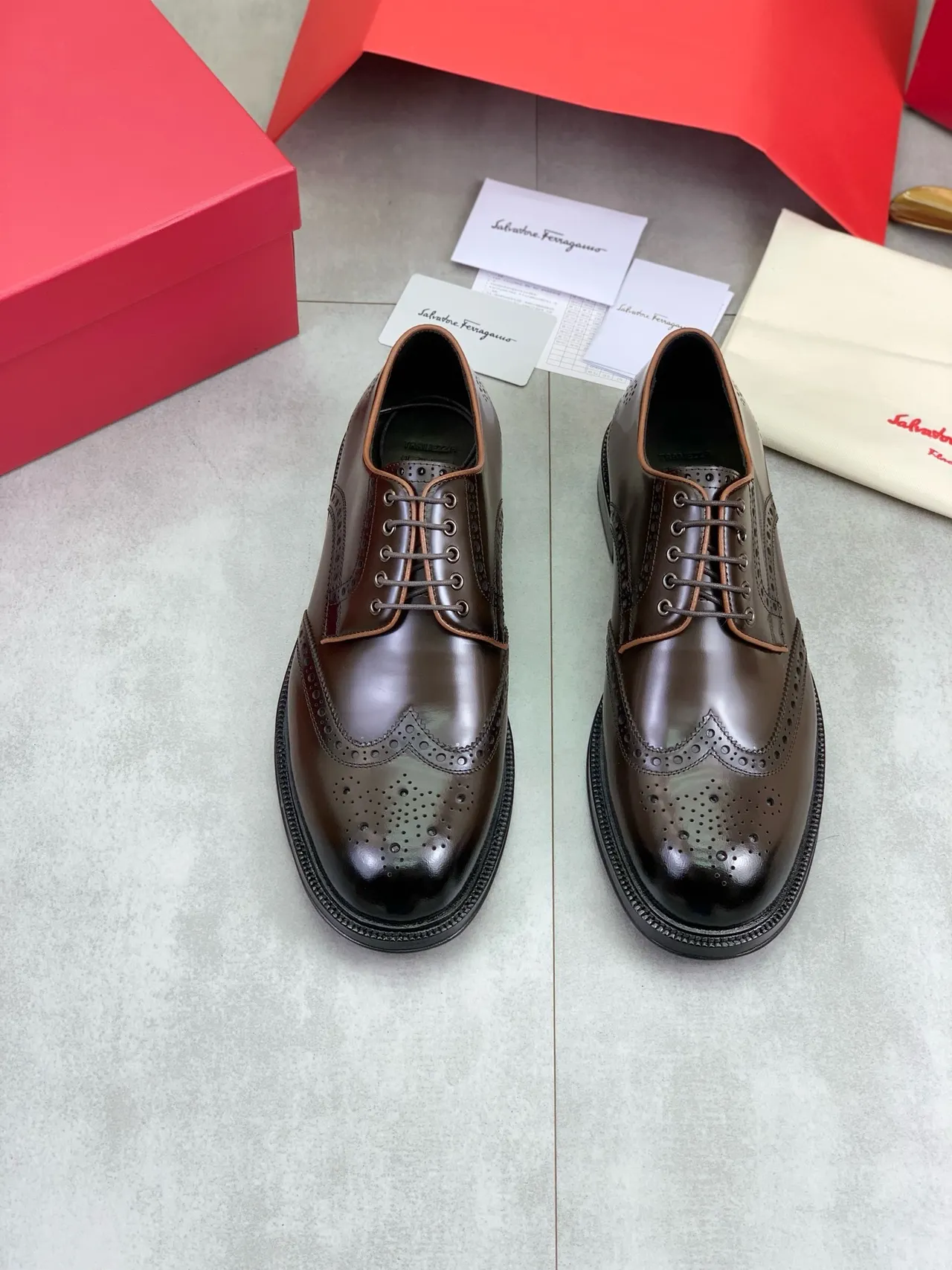Salvatore Ferragamo Full-Brogue Wingtip Brown Leather Brogues