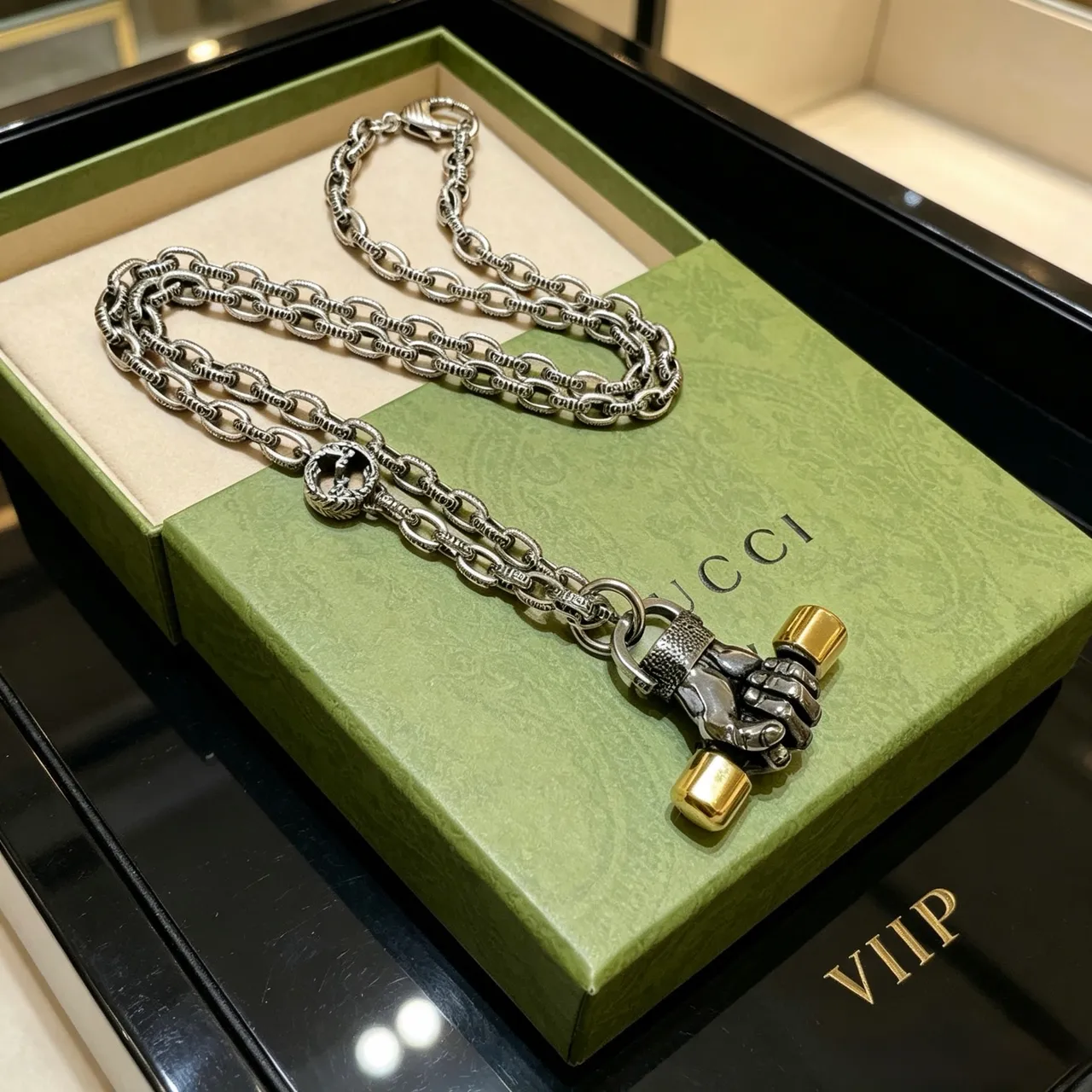 Gucci Fist Pendant Silver Gold Oxidized Chain Sculpted Necklace