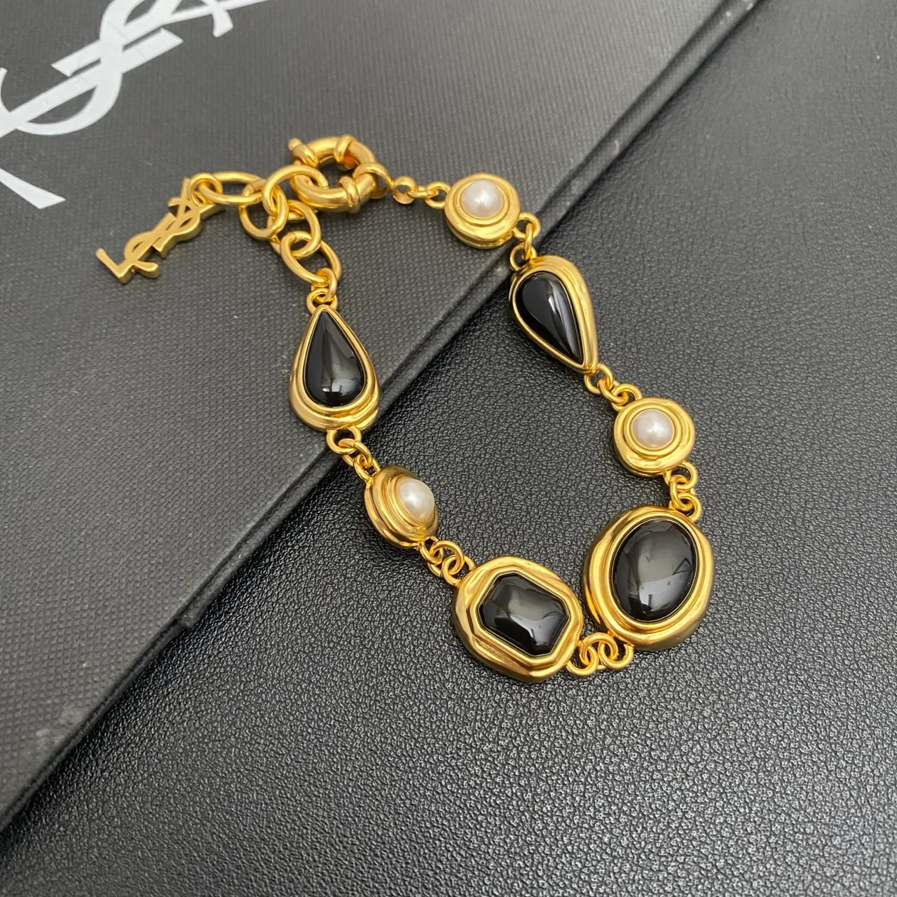 Saint Laurent Gold-Tone Black Stone and Pearl Link Bracelet