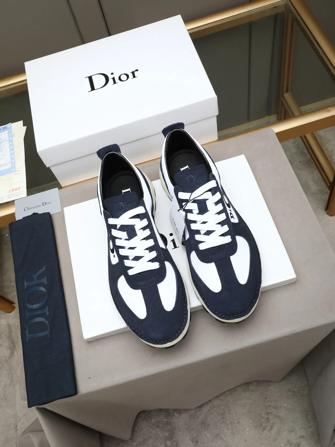 Dior B27 Navy White Colorblock Suede And Synthetic Upper Chunky Sneakers
