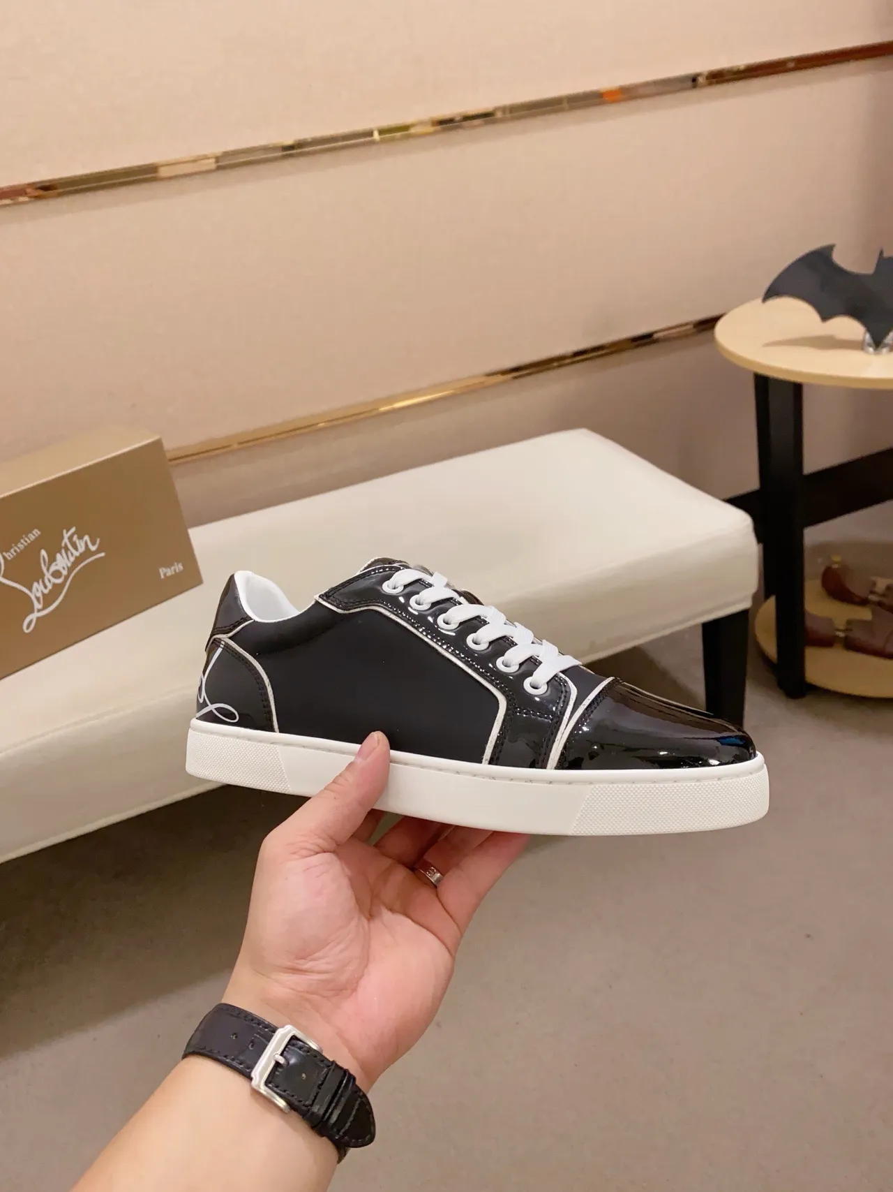 Christian Louboutin Black White Patent Leather Toe Cap Matte Upper Lifestyle Sneakers