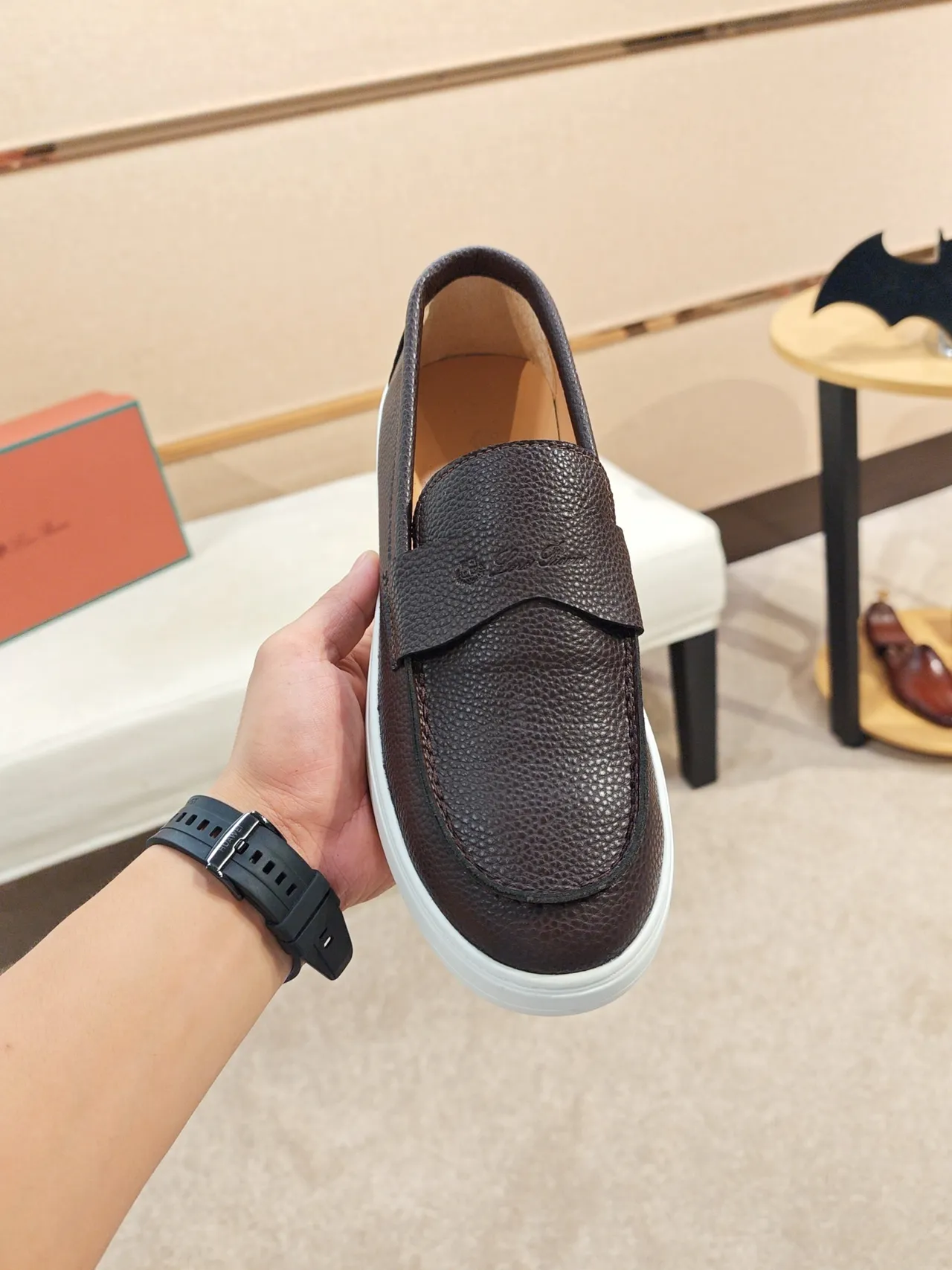Brown White Pebbled Leather Penny Strap Loafer