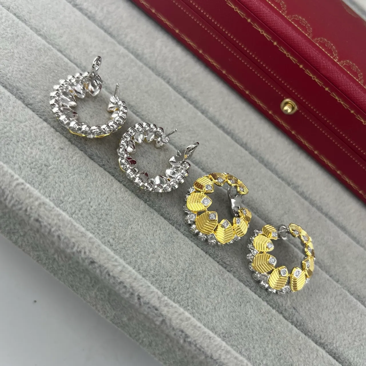Cartier Gold Silver Textured Segmented Hoops Pavé-Set Diamonds Earrings