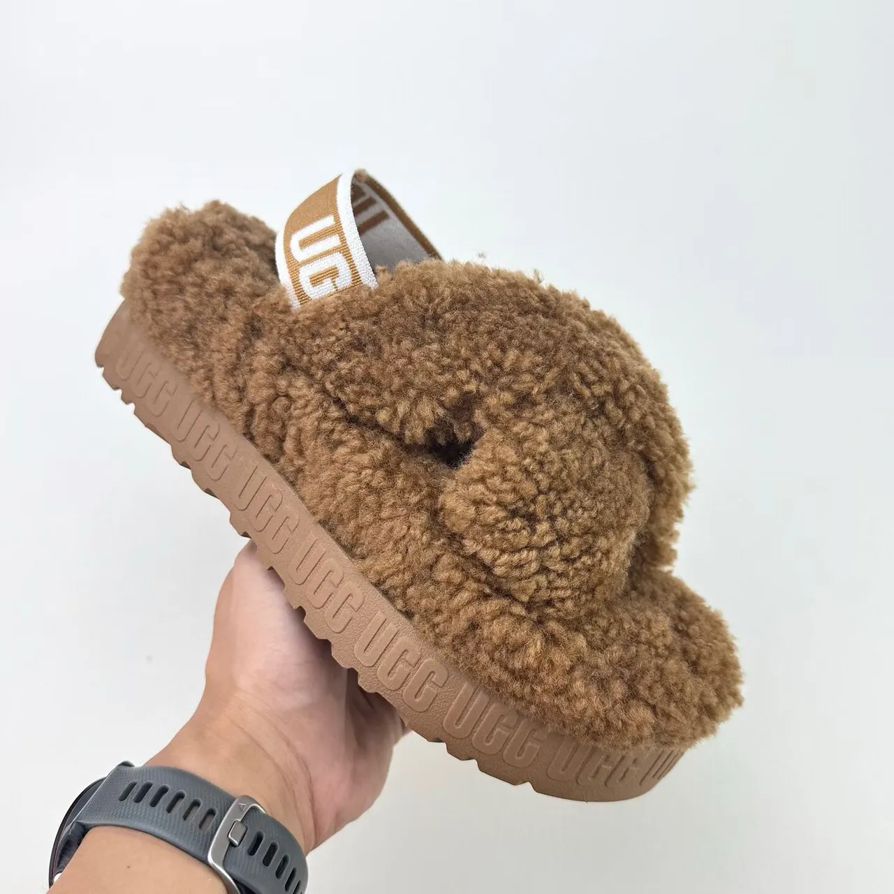 UGG Tasman Brown Fuzzy Cross-Strap Platform Slippers