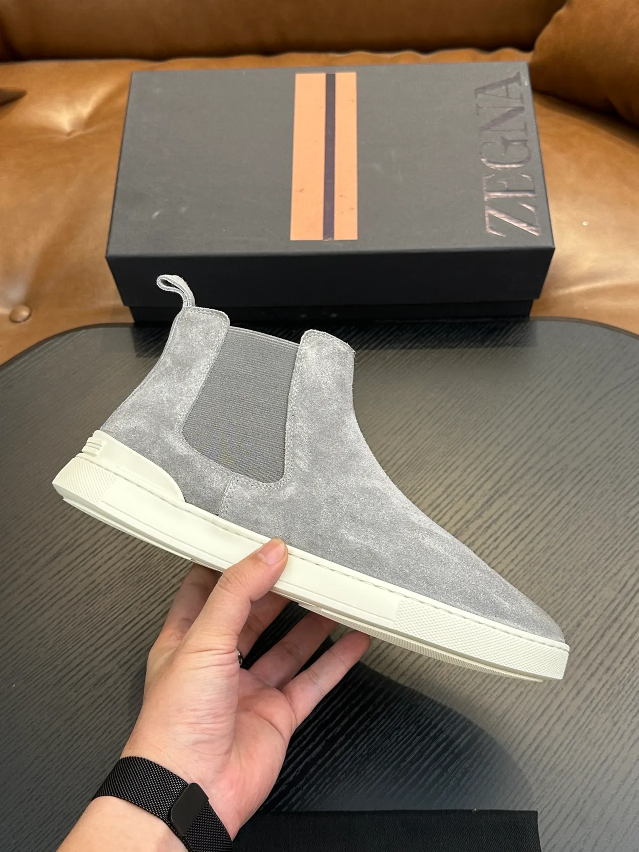 Zegna Gray White Suede Upper Elastic Side Gussets Chelsea Boots
