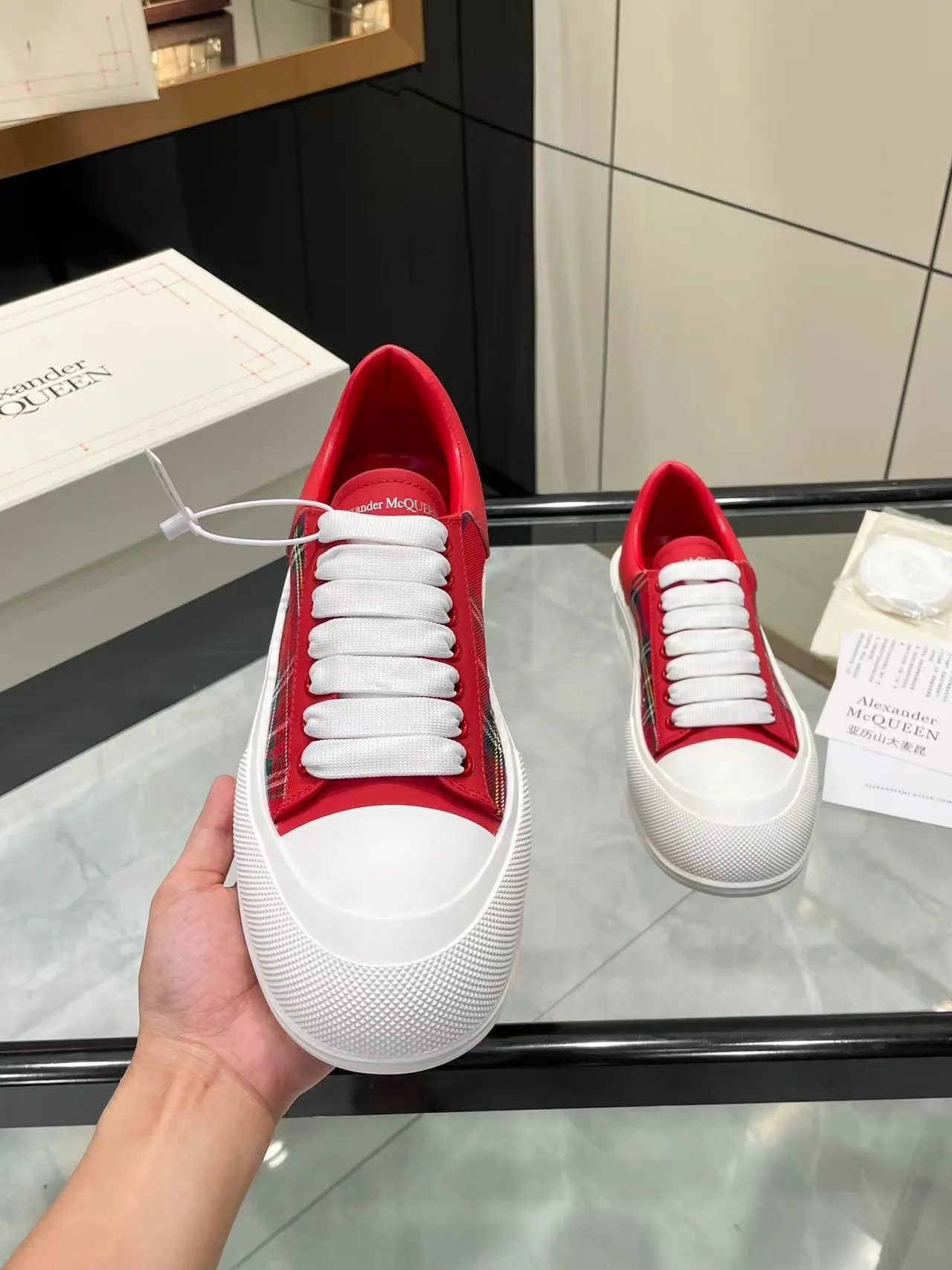 Alexander McQueen Oversized Sneaker Red Plaid White Platform Lifestyle Sneakers
