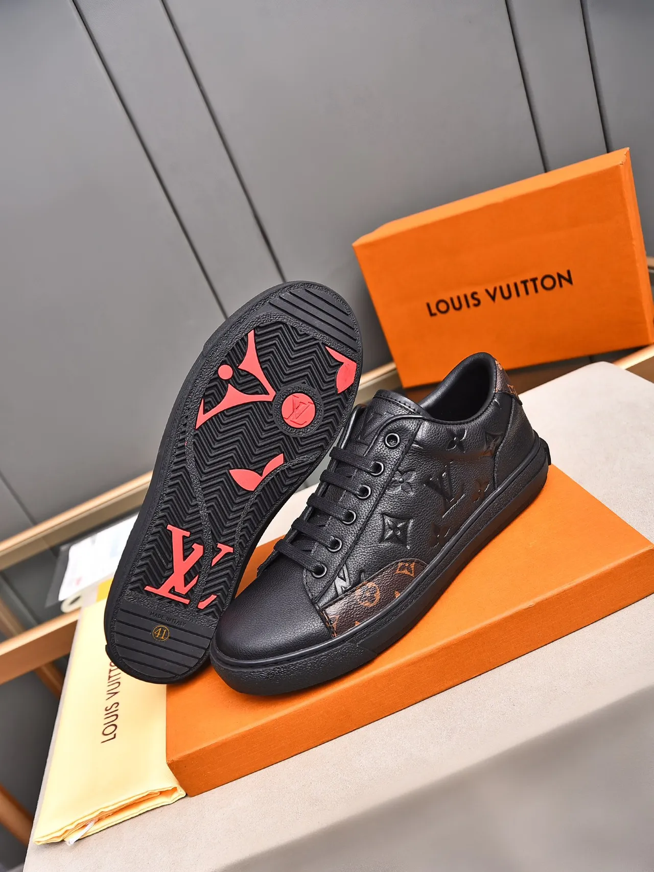 Louis Vuitton LV Trainer Black Brown Embossed Monogram Leather Canvas Accents Lifestyle Sneakers