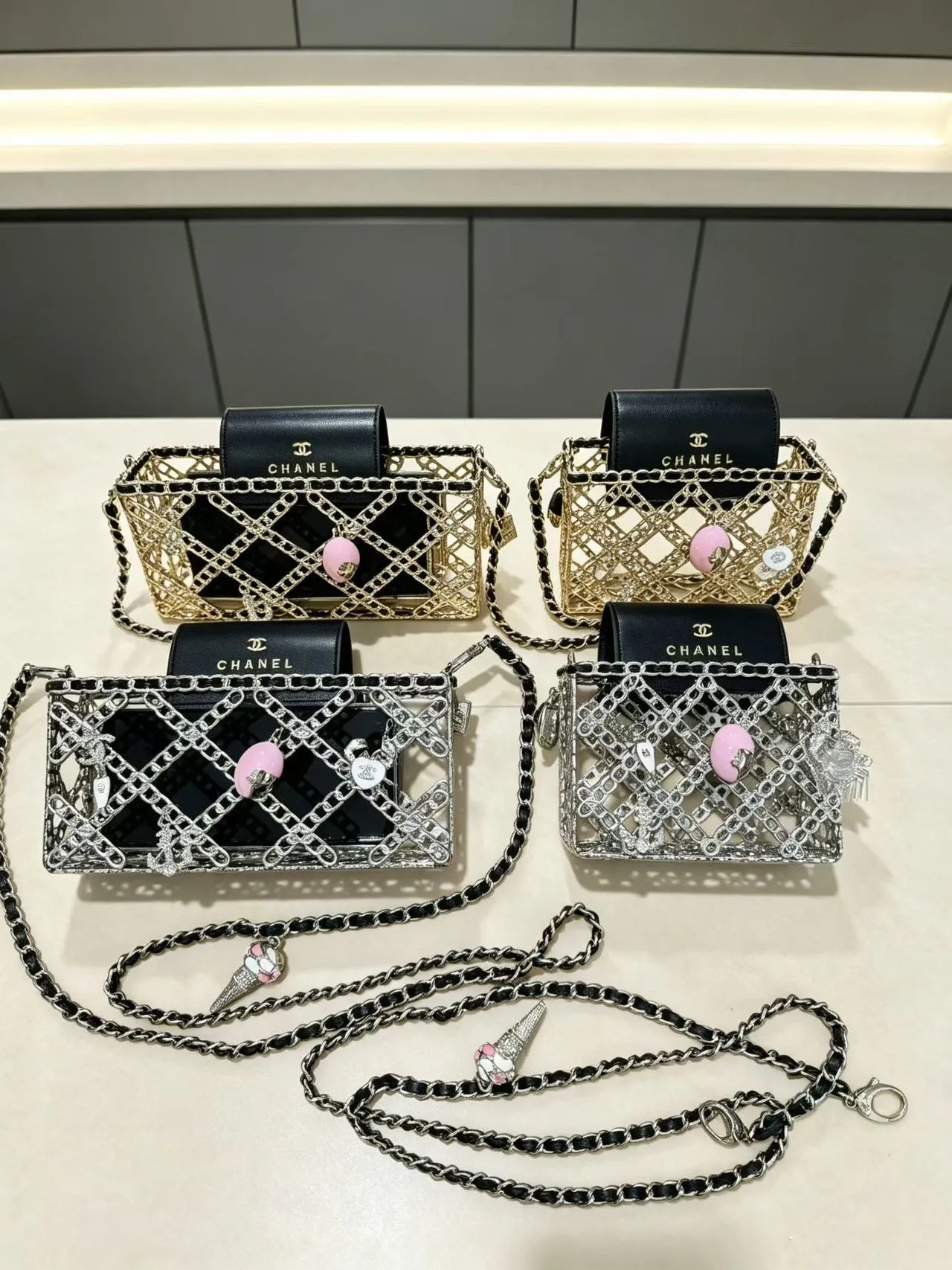 Chanel Chain Cage Black Pink Construction Leather Flap Chain Bag