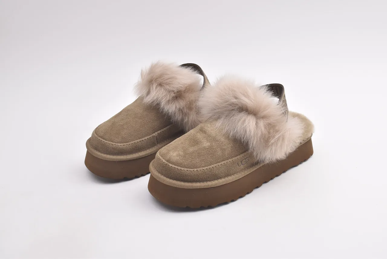 UGG Beige Brown Platform Sole Shearling-Lined Slippers