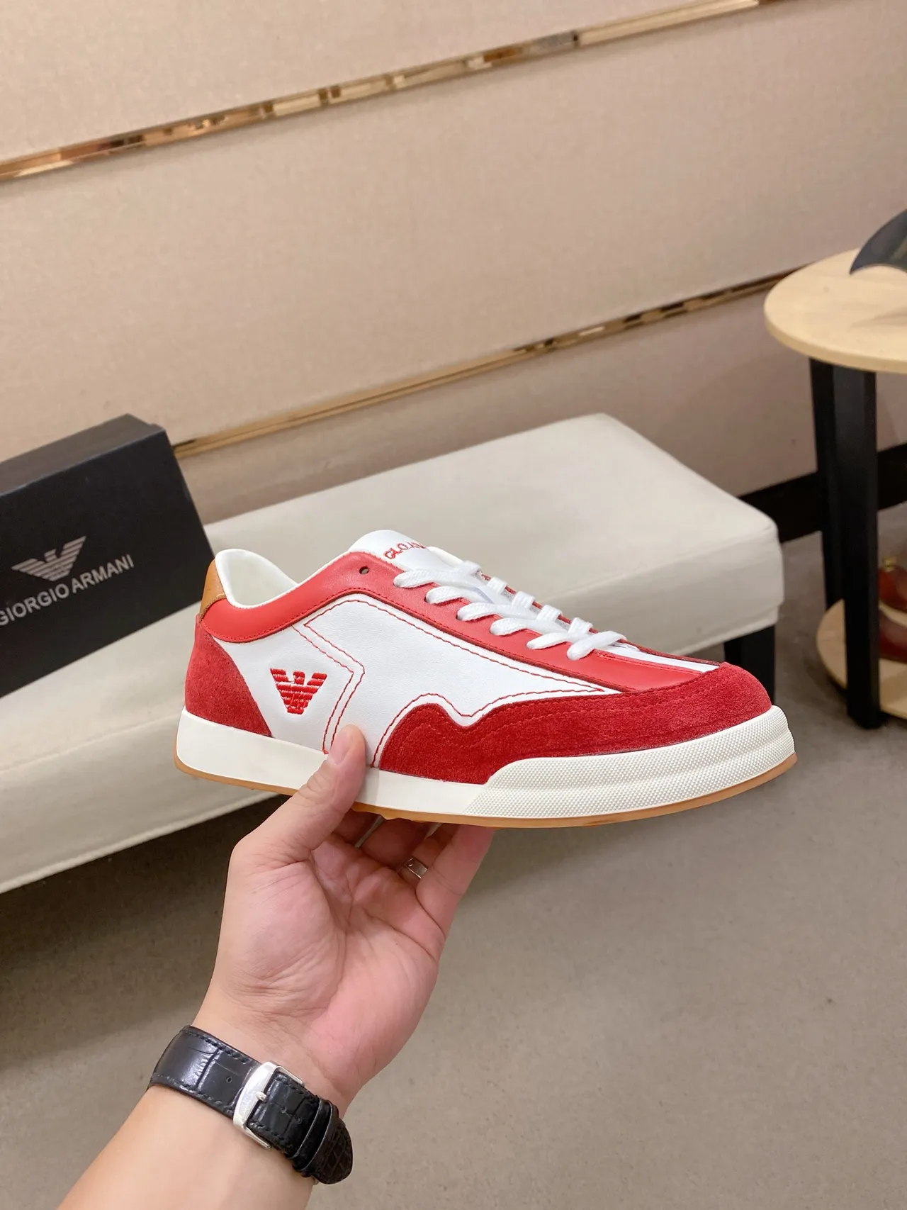 Emporio Armani Red and White Color-Blocked Suede Leather Sneaker