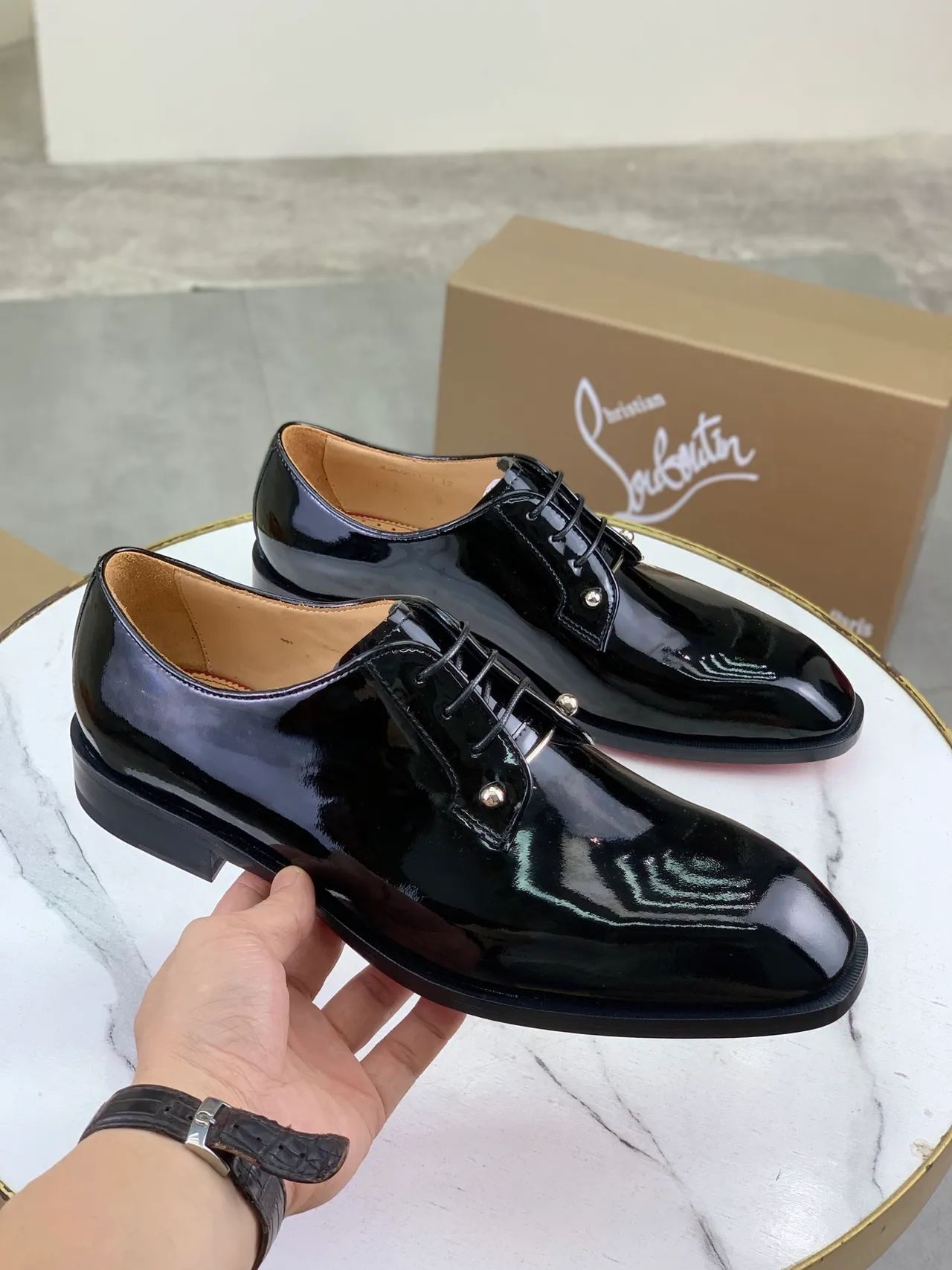 Christian Louboutin Glossy Patent Black Cap-Toe Oxford Shoes