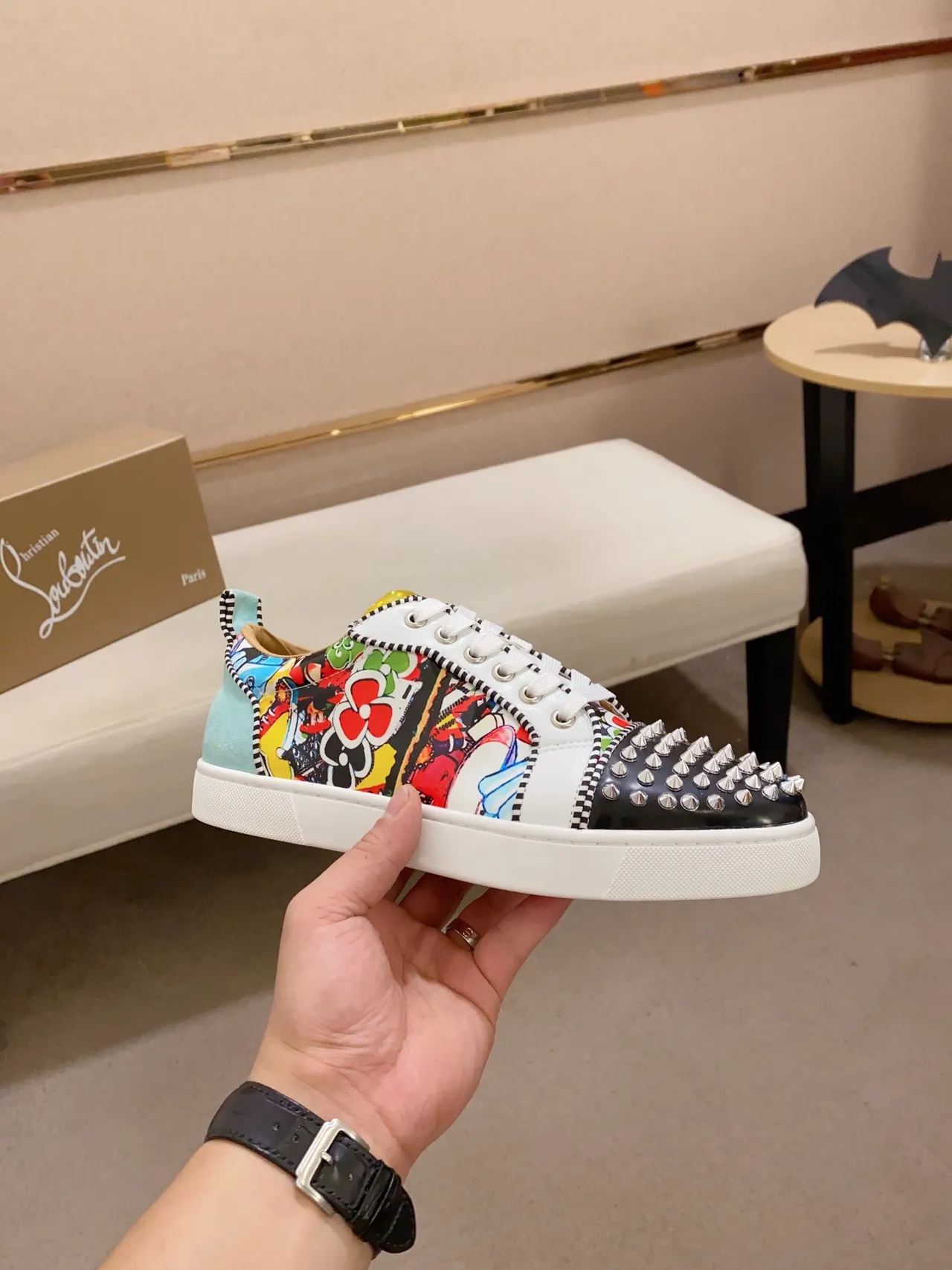 Christian Louboutin Spiked Toe Multicolor Graffiti Print Lifestyle Sneakers