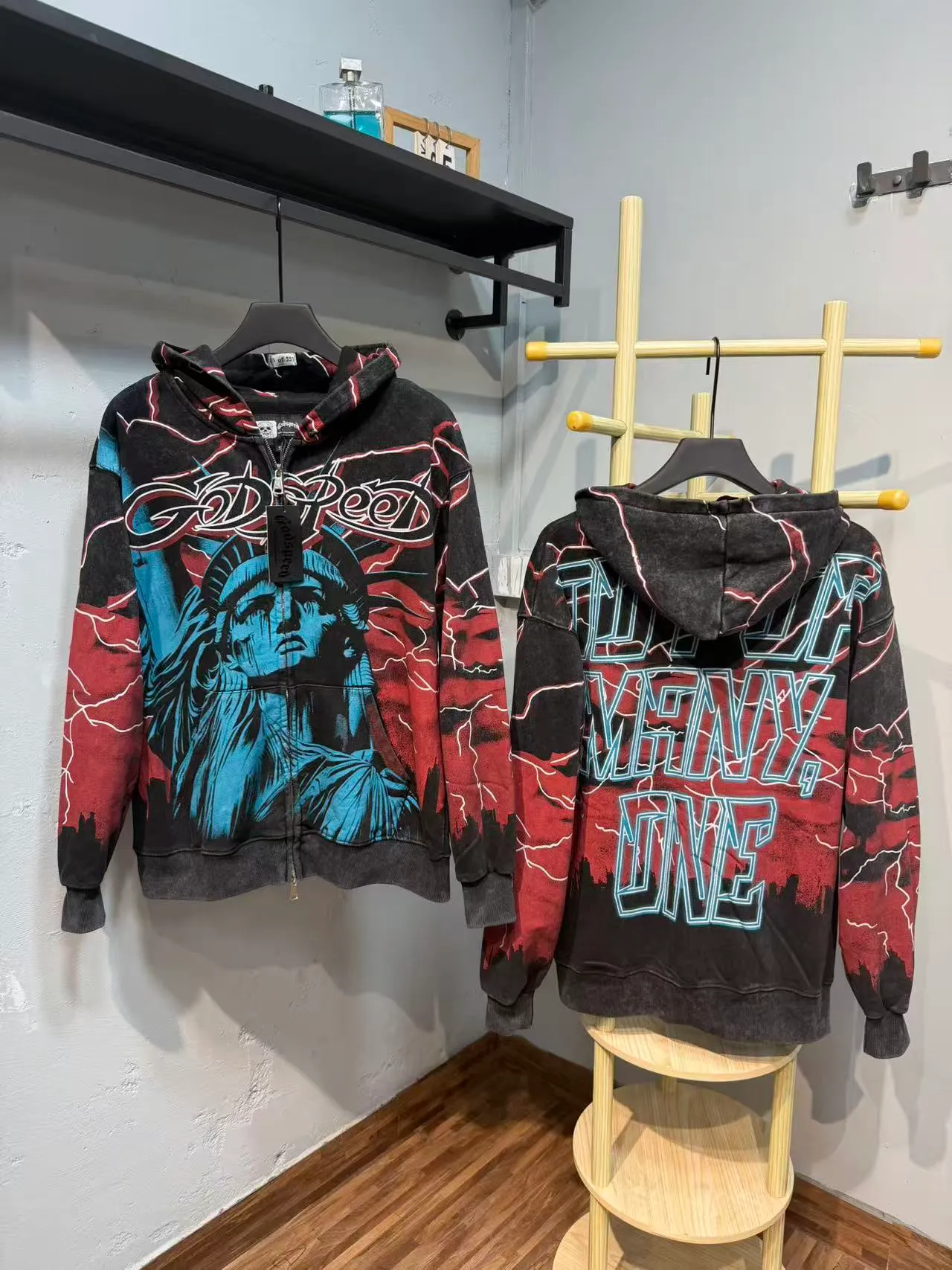 Godspeed Black Red Graphic-Print Acid-Wash Tracksuit