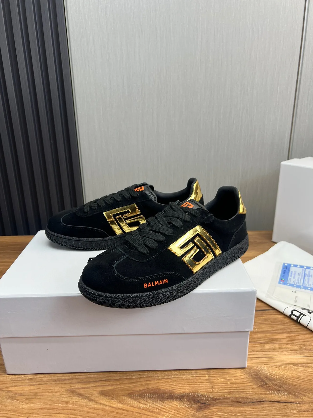 Balmain Black Gold Suede Upper Monogram Logo Lifestyle Sneakers