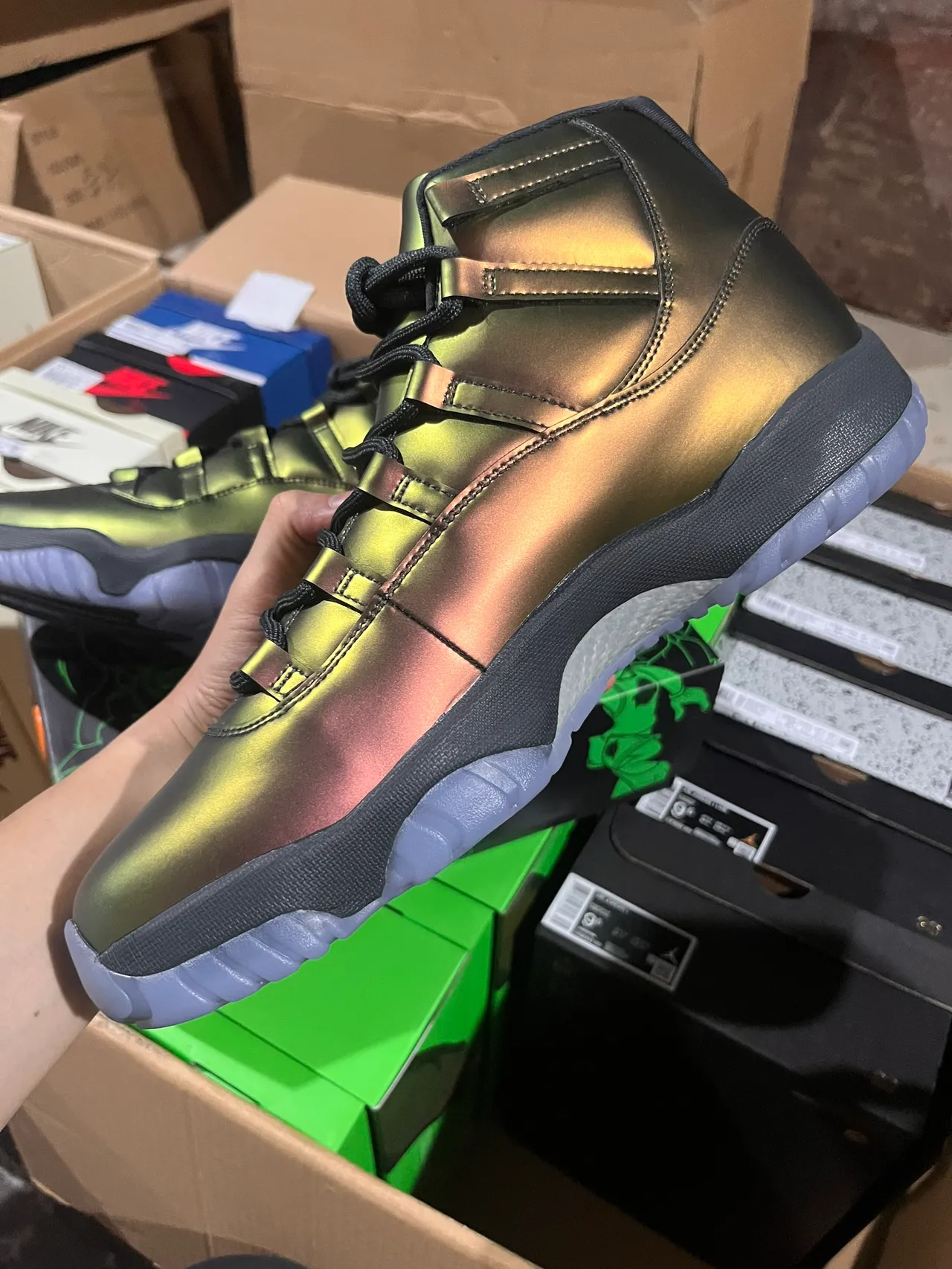 Air Jordan 11 Metallic Green-Gold High-Top Basketball Shoes
