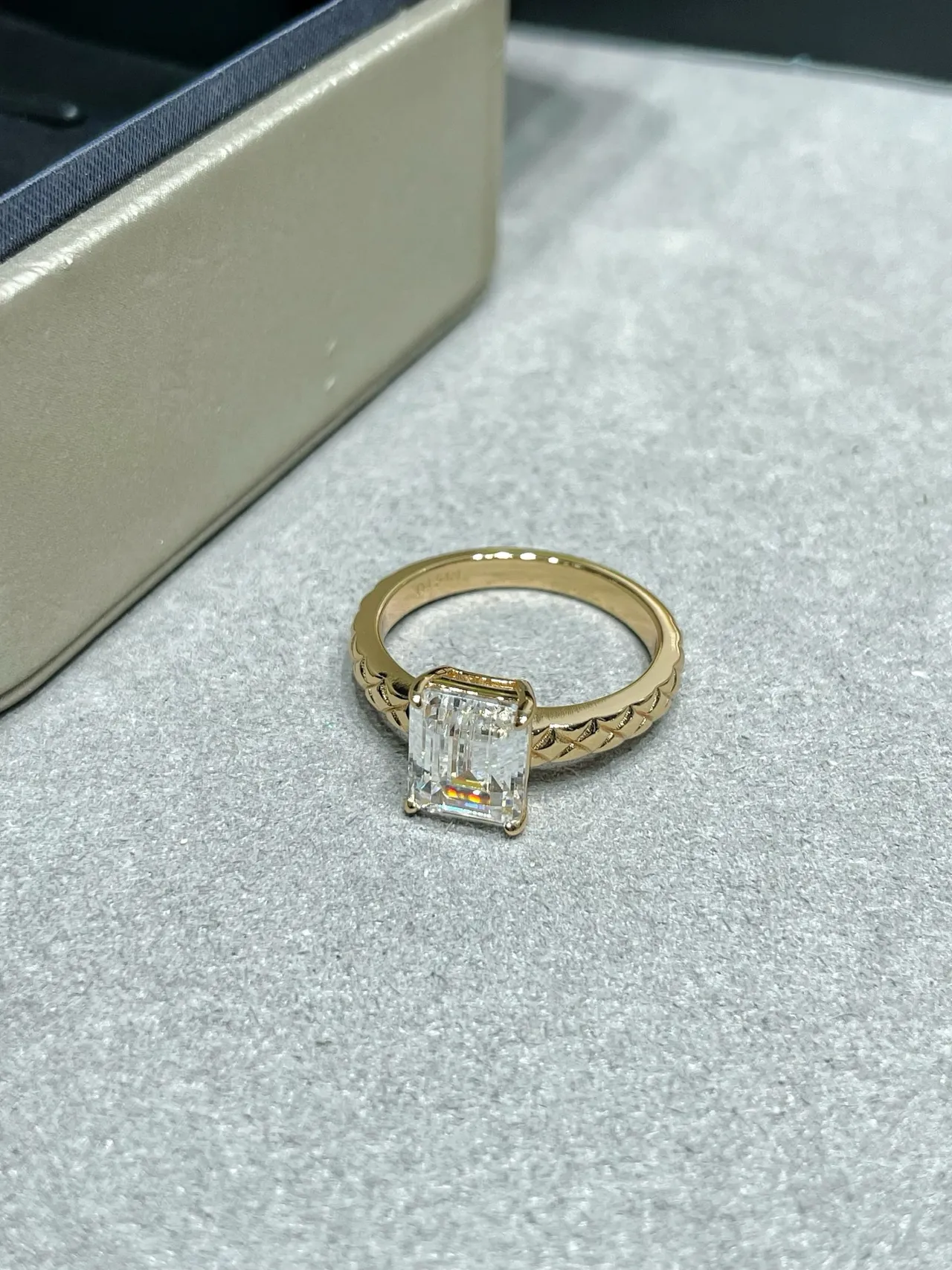 Gold Silver Emerald-Cut Stone Textured Braided Band Ring