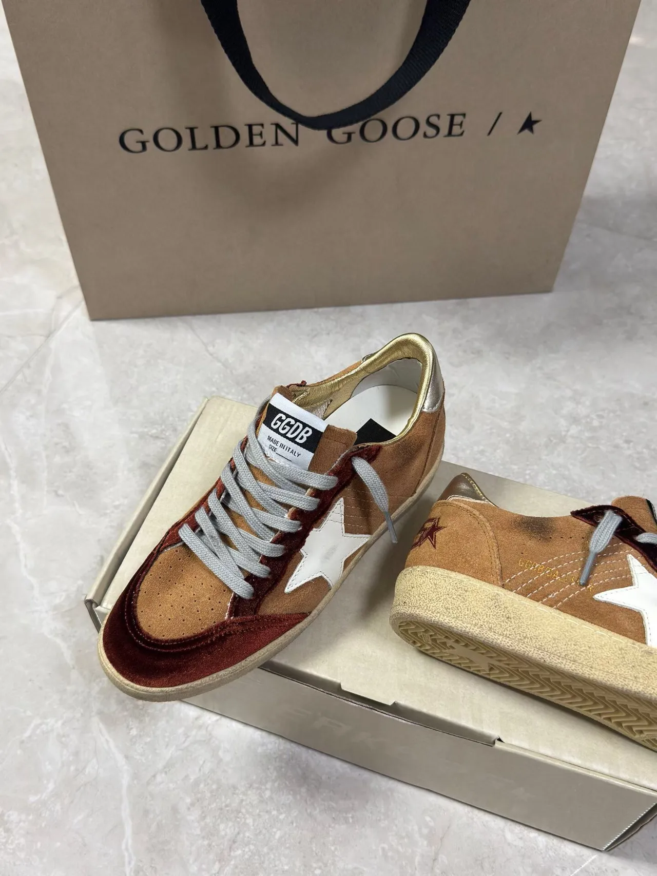 Golden Goose Super-Star Tan and Burgundy Suede Lifestyle Sneakers