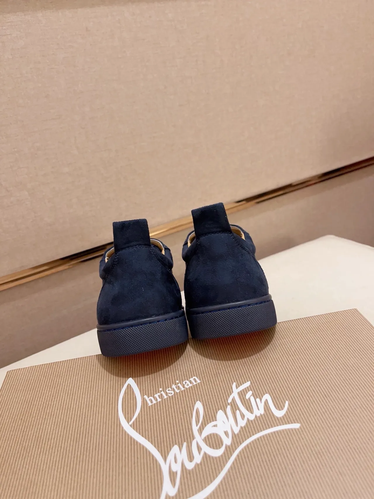Christian Louboutin Navy Beige Suede Spiked Toe Cap Lifestyle Sneakers