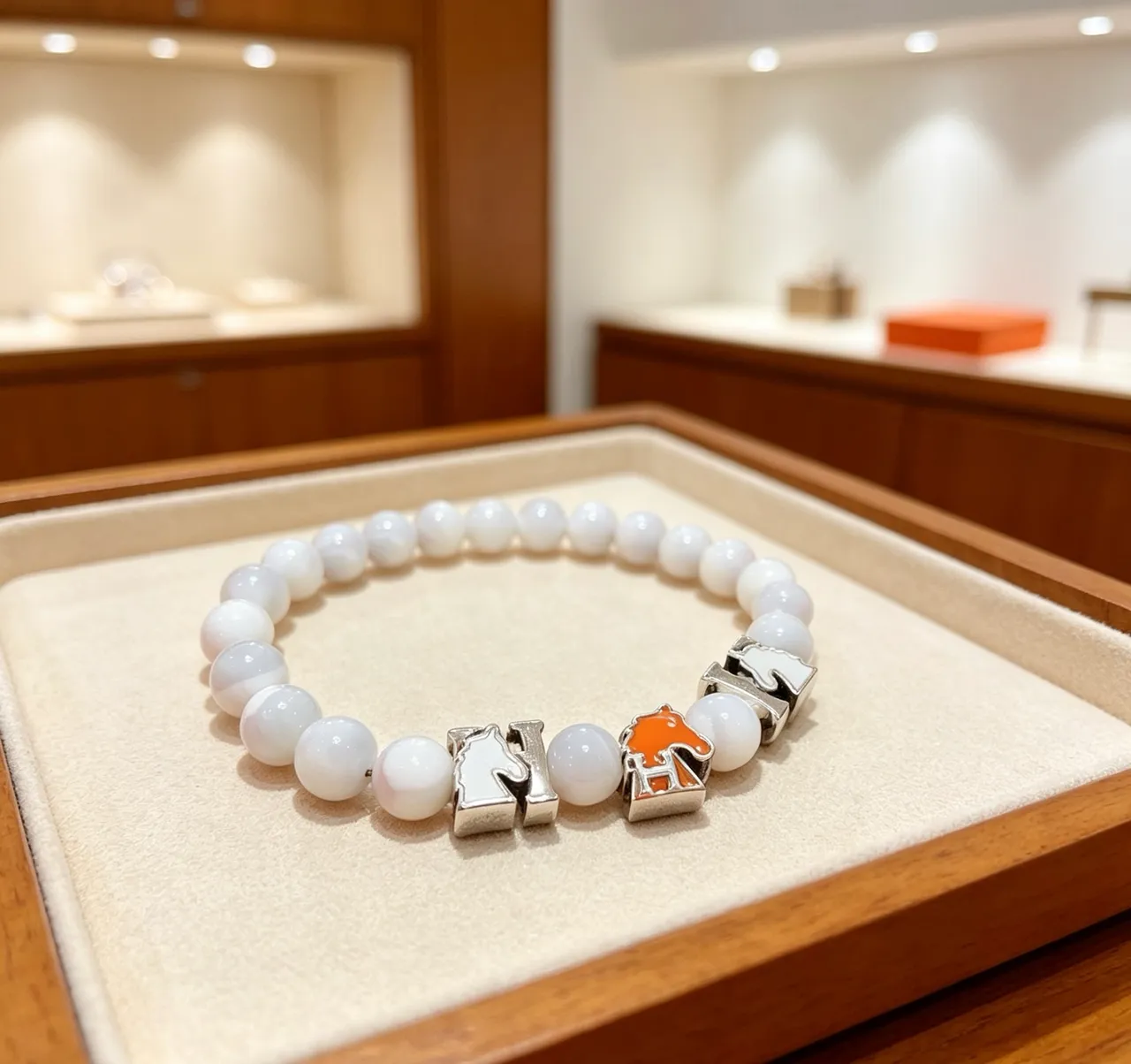 Hermès White Orange Beaded Enamel-Charm Bracelet