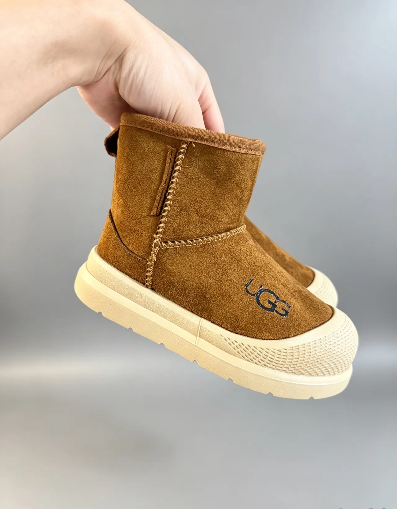 UGG Brown Beige Suede Upper Pull Tab Snow Boots