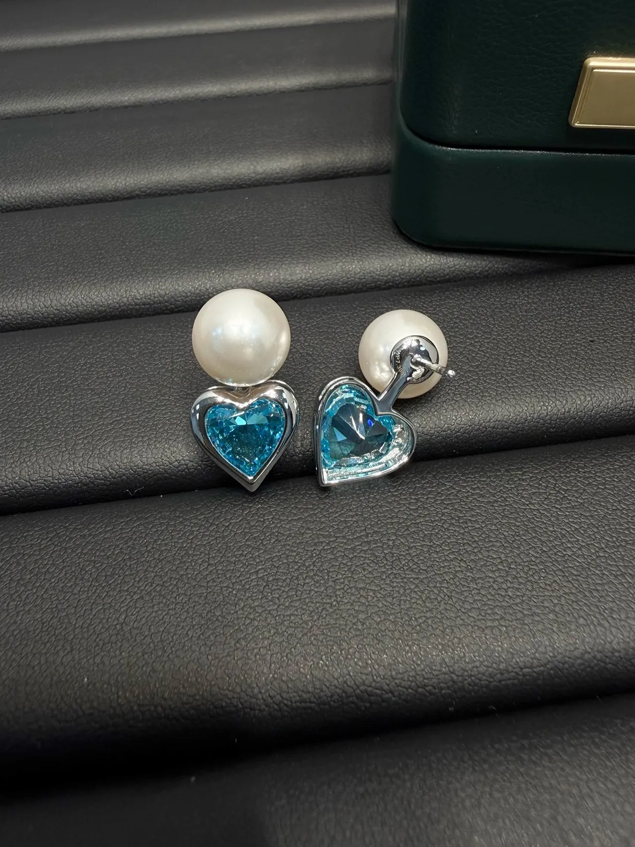 Pearl and Blue Heart Gemstone Stud Earrings