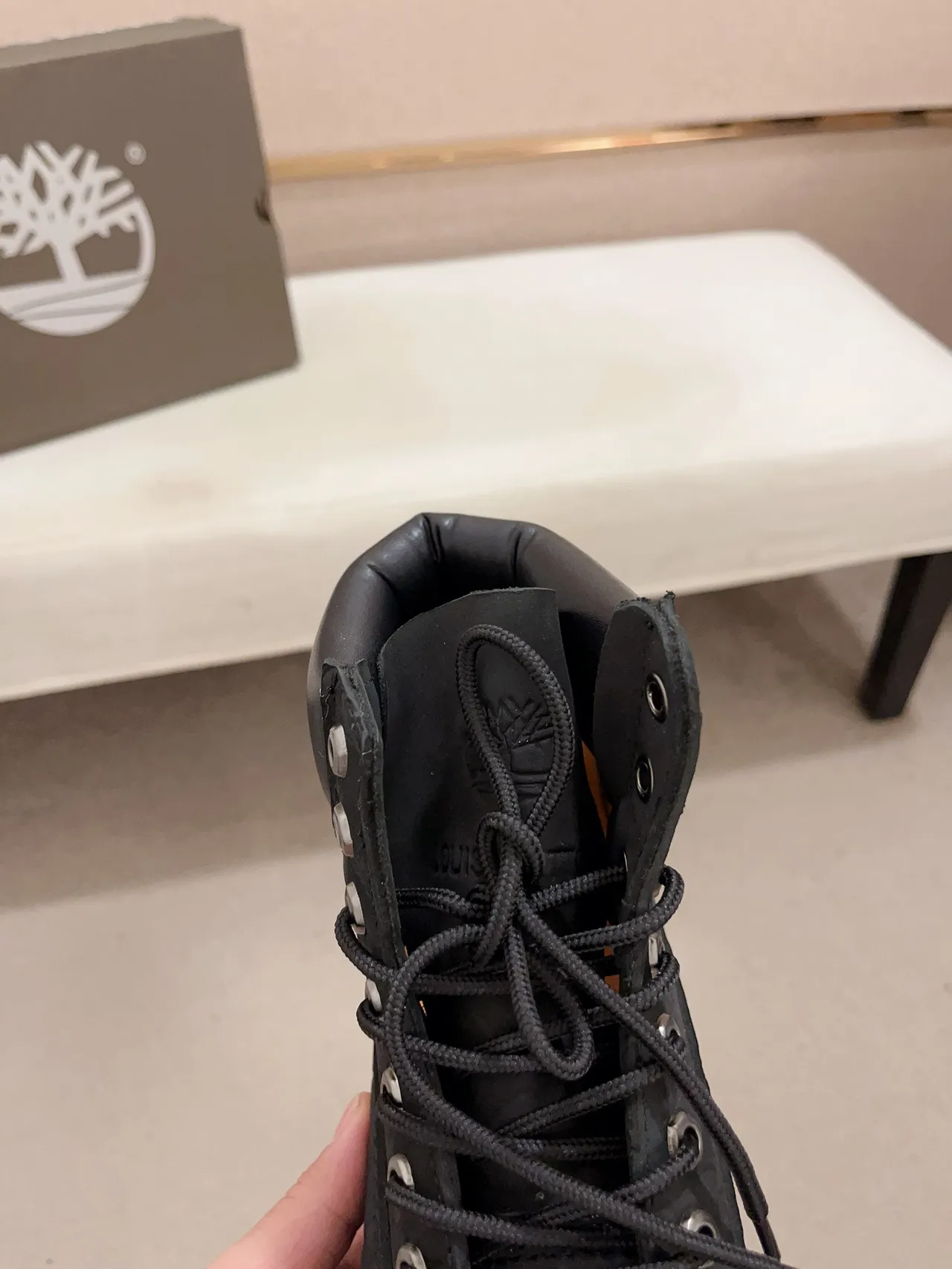 Timberland Black Monogrammed Leather Rugged Lug Sole Work Boots