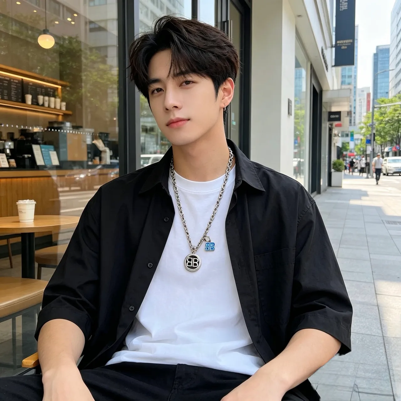 Balenciaga BB Necklace Silver Blue Chunky Curb Chain Double-B Logo Pendant Necklace