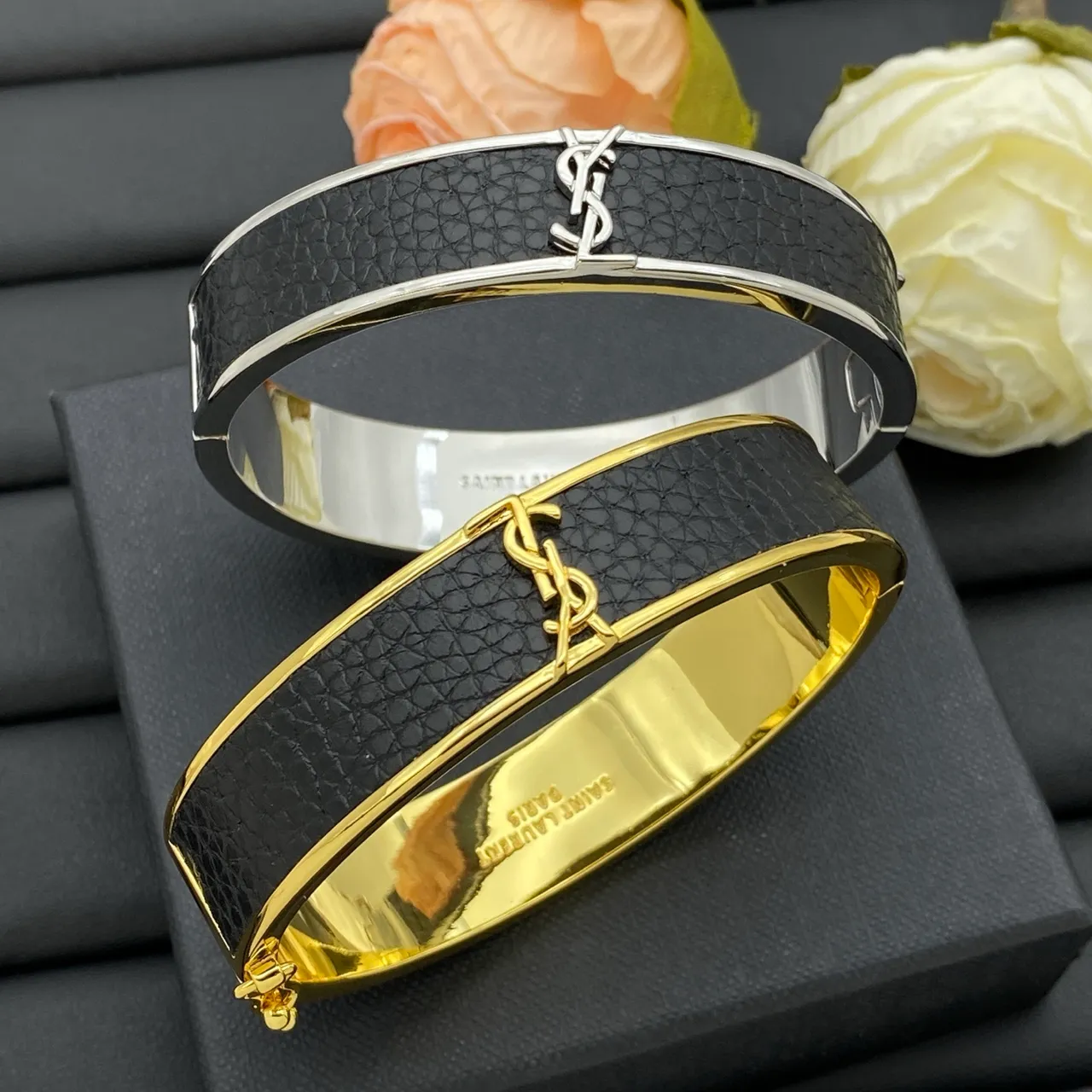 Saint Laurent Black Gold Monogrammed Leather-Inlay Bracelet