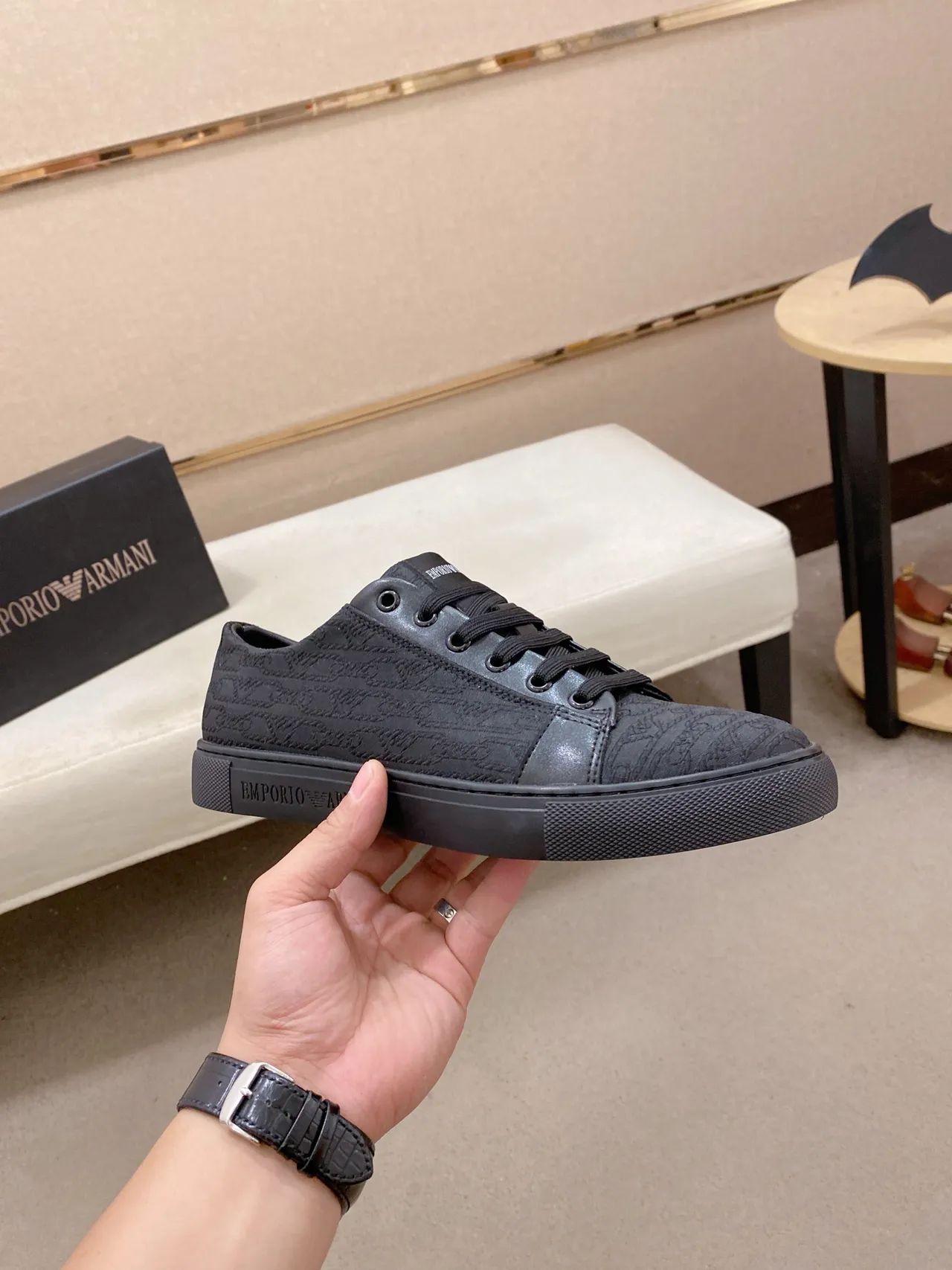 Emporio Armani Monochrome Black Logo Jacquard Low-Top Sneakers