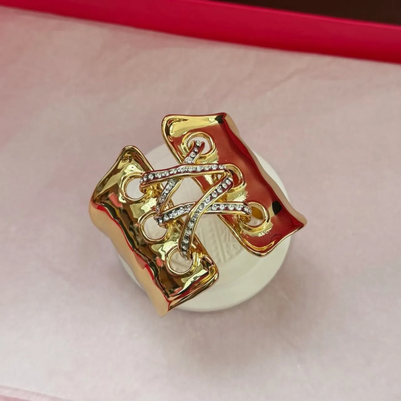 Gold-Tone Red Enamel Pavé Crystal Sculptural Openwork Ring
