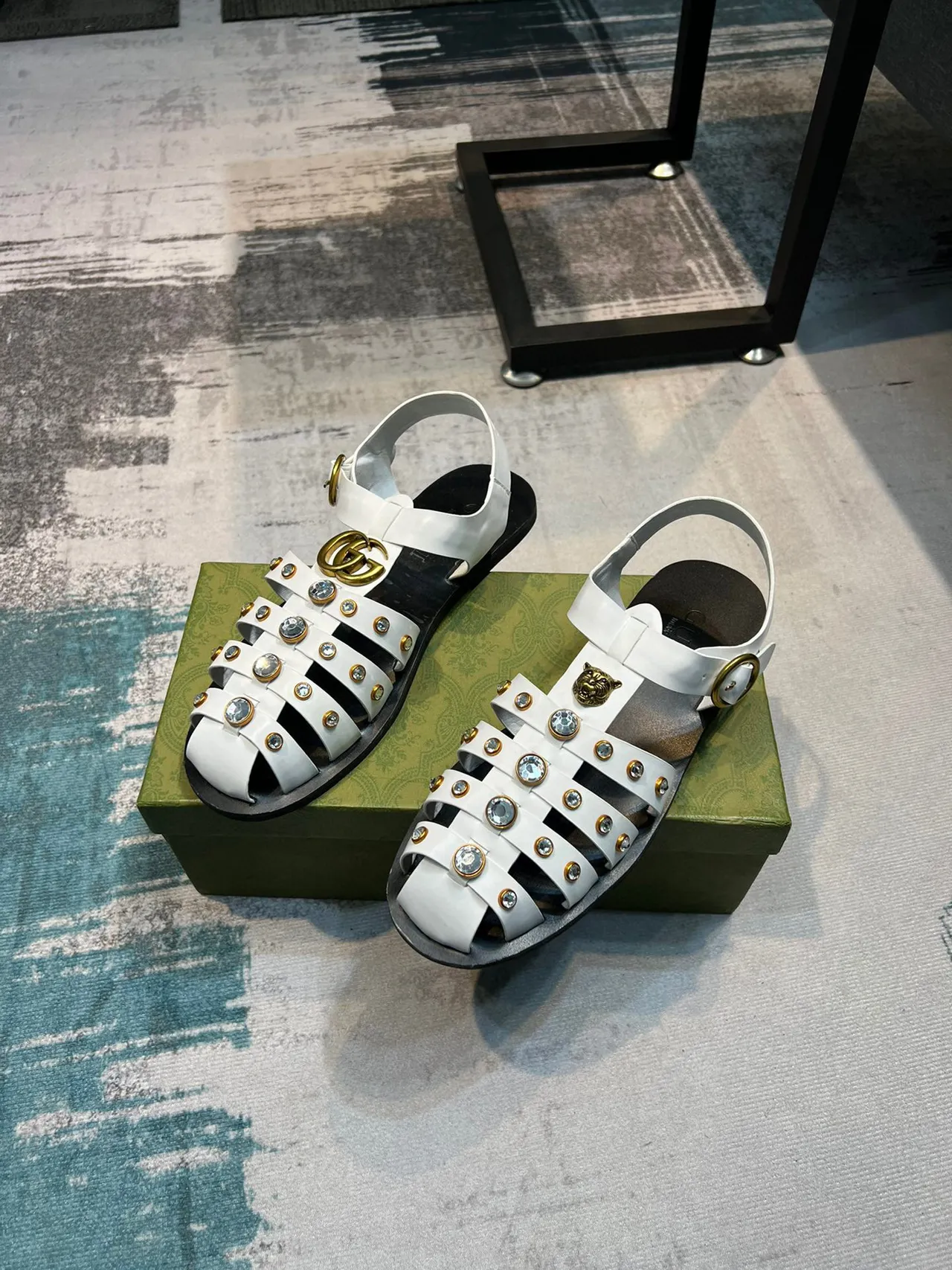 Gucci Gladiator Sandal White Gold Multi-Strap Studded Gladiator Sandals