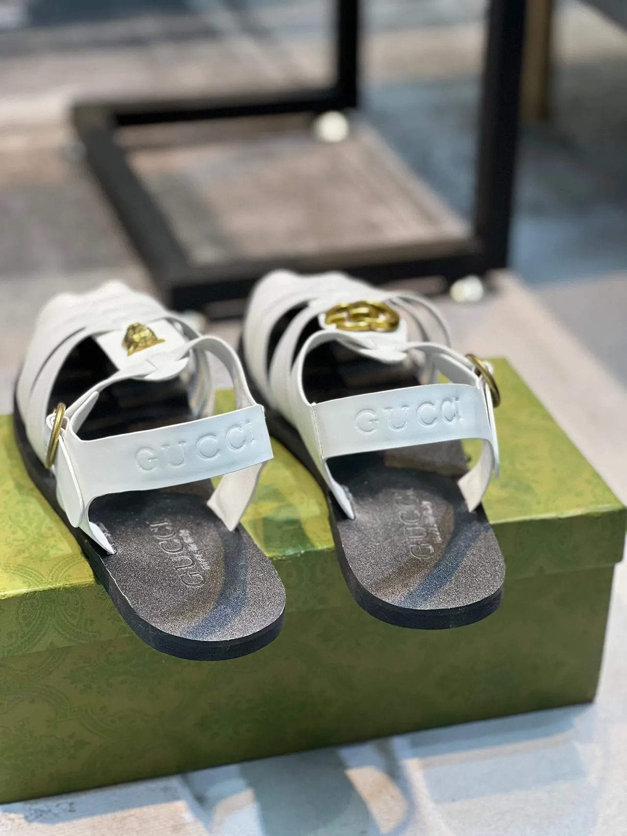 Gucci Gladiator Sandal White Gold Leather Strap Design Gladiator Sandals