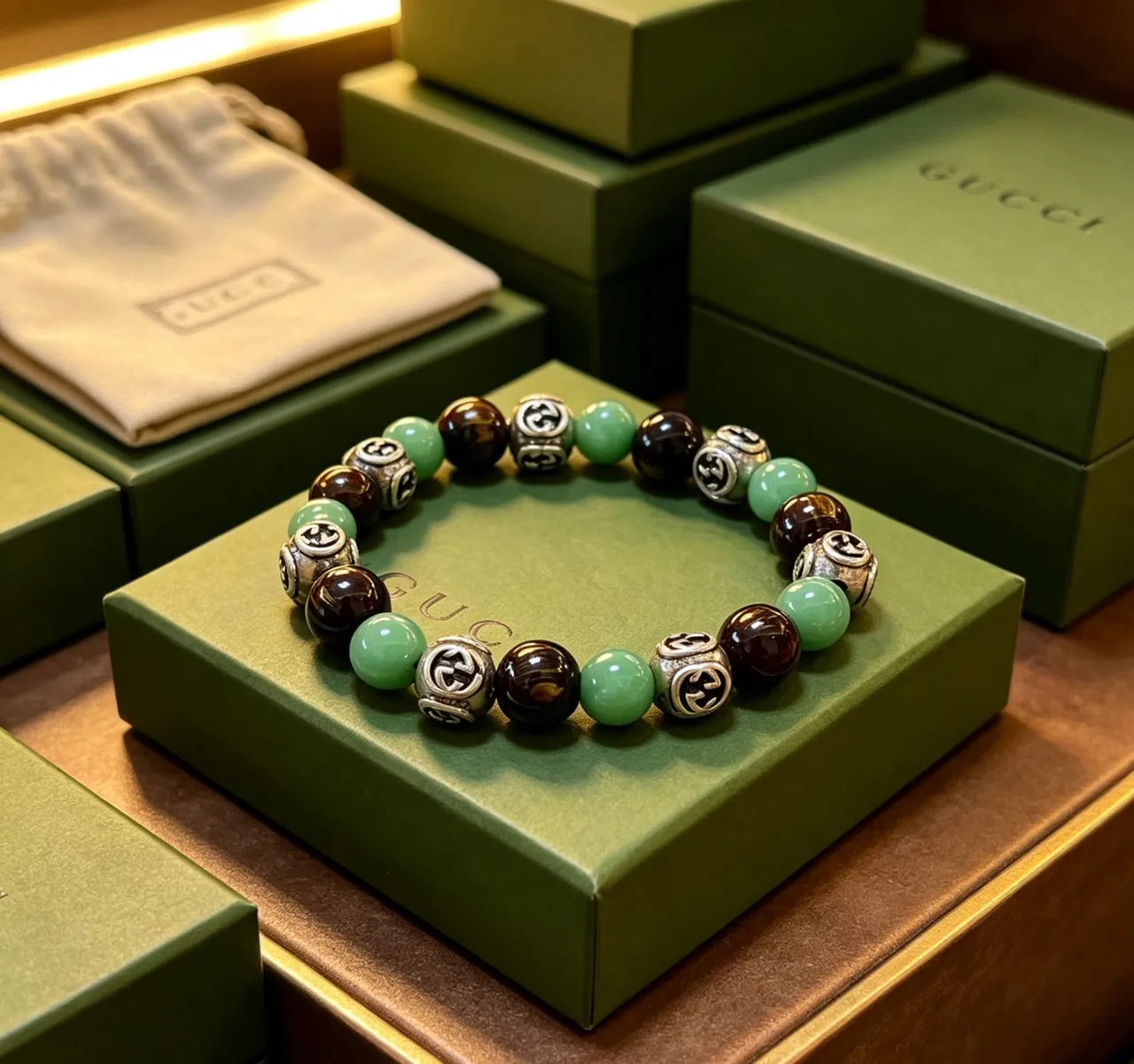 Gucci Green Brown Beaded Spherical Stone Beads Bracelet