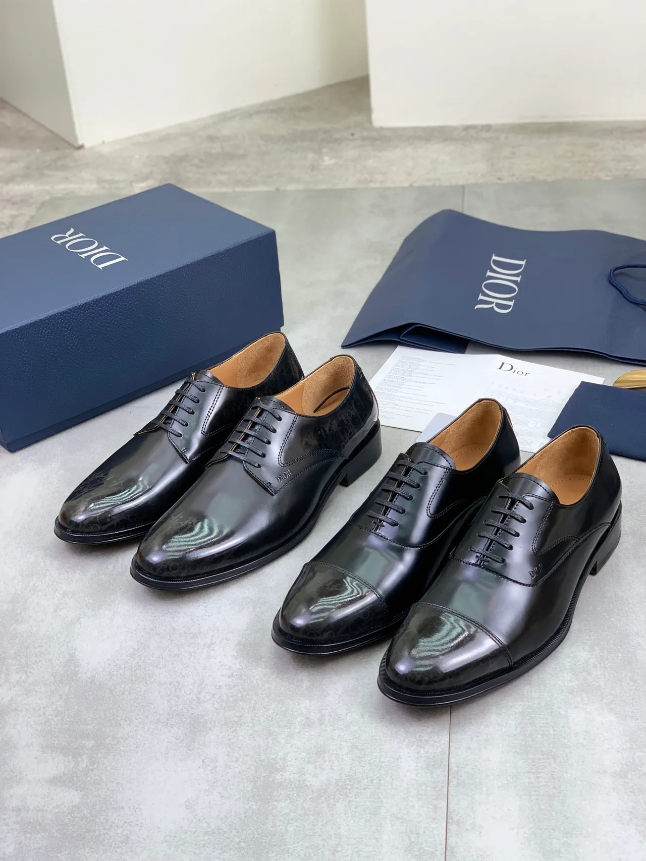 Dior Black Brown Glossy Leather Cap-Toe Oxford Shoes