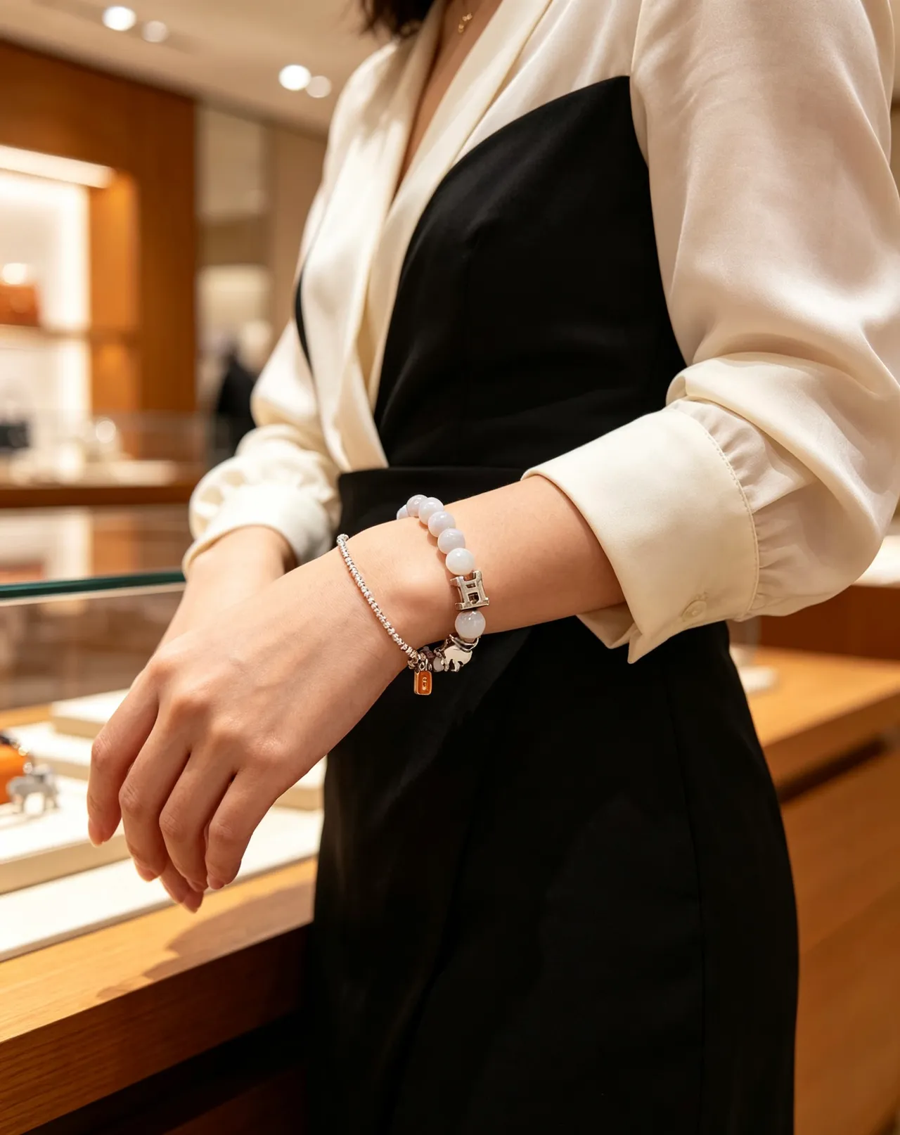 Hermès White Orange Beaded Enamel-Charm Bracelet