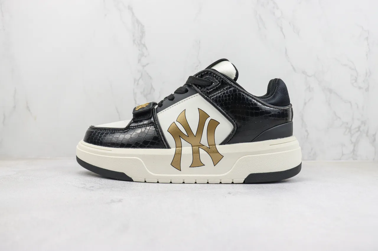 Mitchell & Ness Black Gold Crocodile-Embossed Leather White Side Panel Chunky Sneakers