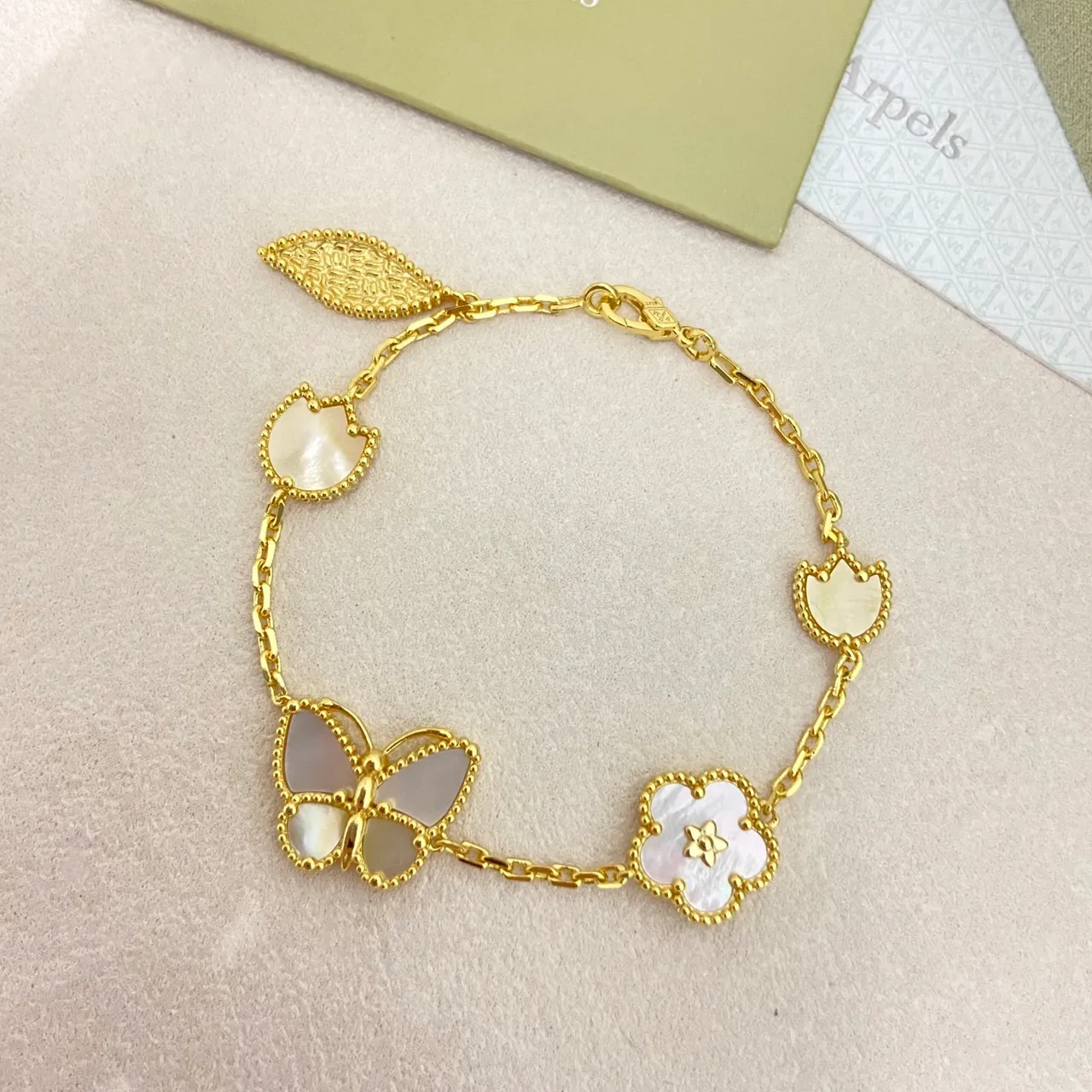 Van Cleef & Arpels Alhambra and Papillon Gold Silver Chain-Link Mother-of-Pearl Inlay Bracelet