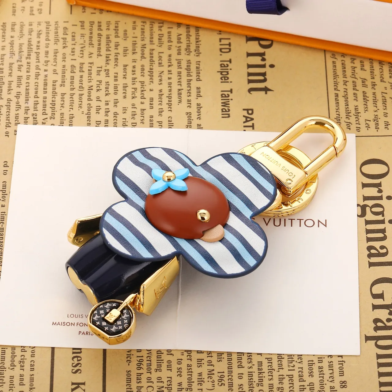 Louis Vuitton Flower Charm Blue Brown Striped Leather Gold-Tone Hardware Handbag